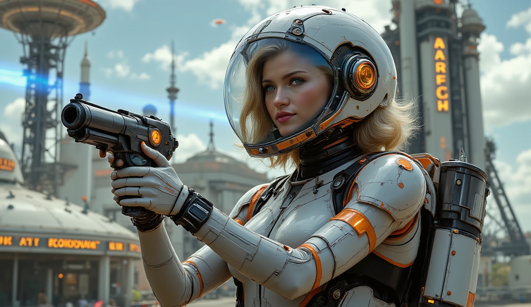 _**Assunto principal:** Very pretty full-bodied Scandinavian woman, 22 anos, (((corpo inteiro:1.8))). Aparência: Cabelos brancos, bright blue eyes, with bioluminescent tattoos on her arms and hands in blue. _**Traje:** The woman wears a futuristic white servomechanical armor with elegant curved lines and bright orange details, molded to the body of a woman. Several devices illuminate the armor in bioluminescent orange. A hyper-realistic portrait of a graphic woman equipped with the latest gadgets and technological equipment, always looking into the future, a bit crazy and old-fashioned, but also very elegant . A daring woman flies through the skies with a classic retro jetpack from the 1950s, calmly holding a vintage atomic ray gun next to, sem disparar. She wears a transparent glass helmet over her head. Your hairstyle 1950s is perfectly styled inside the helmet. Abaixo dela, there is a retro-futuristic rocket launch site with Googie architecture, parabolic antennas and bold atomic age signage. The sky is filled with flying saucers and stylized rockets.