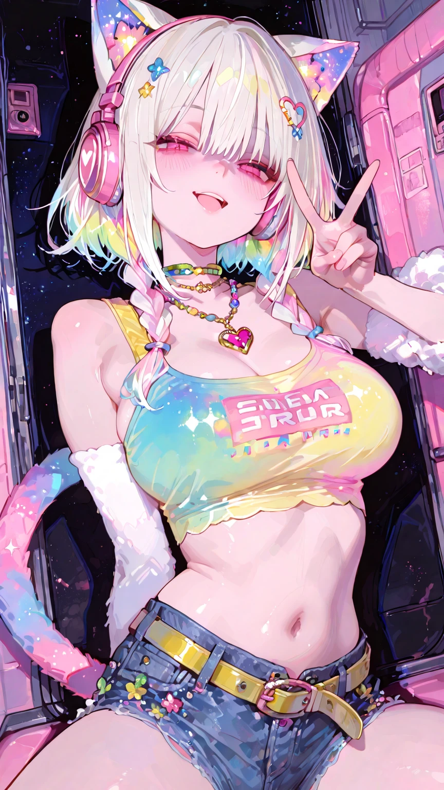 1girl, solo, short hair,  looking at viewer, smile, bangs, large breasts, hair ornament, bow,  bare shoulders, swimsuit, upper body, pink hair, hair bow, bikini, multicolored hair, glasses, teeth, blunt bangs, pink eyes, arm up, collar, bracelet, white bikini,  colorful, blue-framed eyewear, pink collar
<lora:color_girl_v1:0.6>