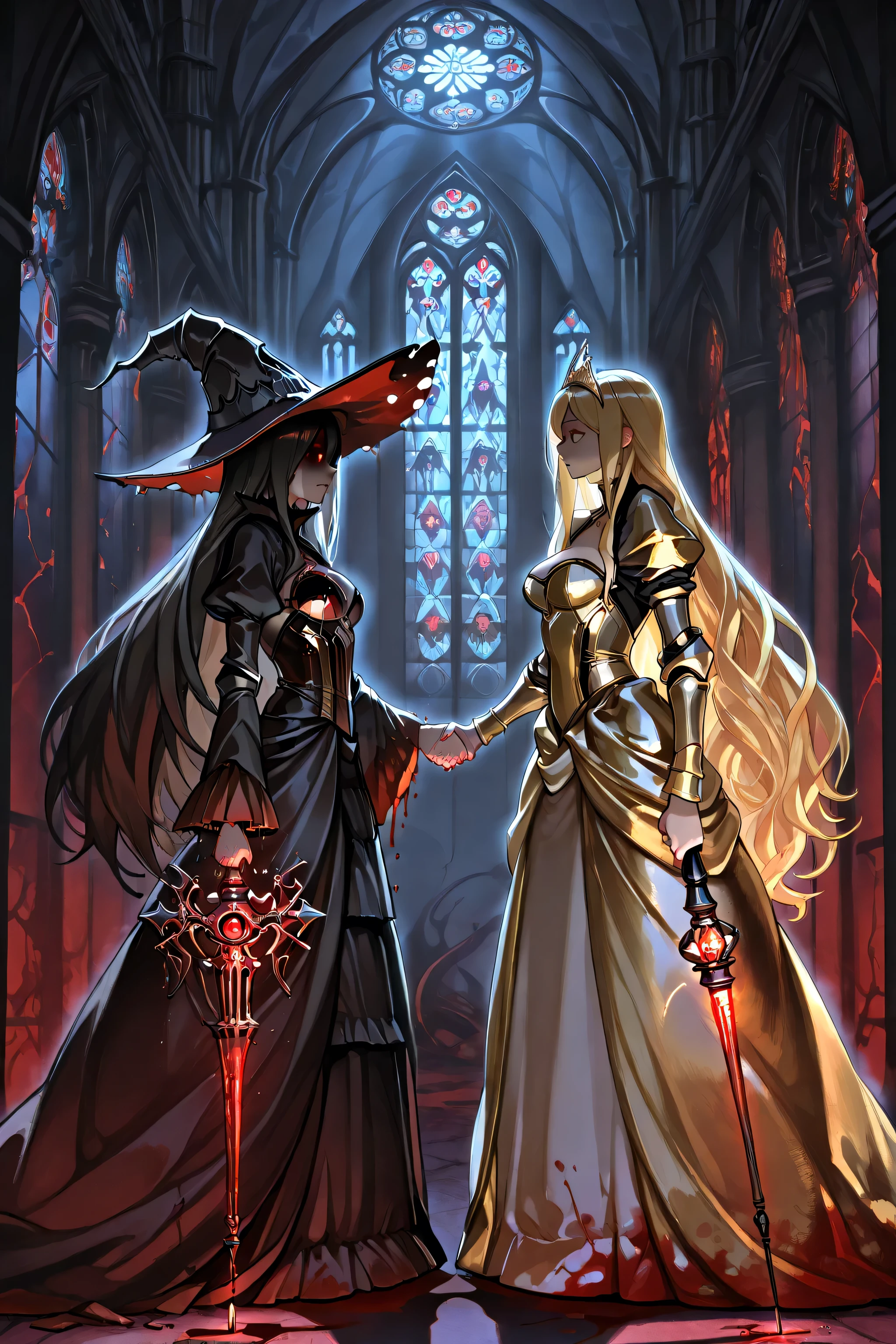 Highest Quality, masterpiece, super high resolution, {2 women, Dark Fantasy, Shaking hands, Blonde Princess, Luxurious Dress with Blood Stains, Tiara, Return Blood, Black Witch, Pointed Hat, magic stick, Bloody Castle Hallway, Moonlight Window, stained glass, Broken Knight's Armor, tense atmosphere, Magical Remnants, Deep Shadow, gothic architecture}