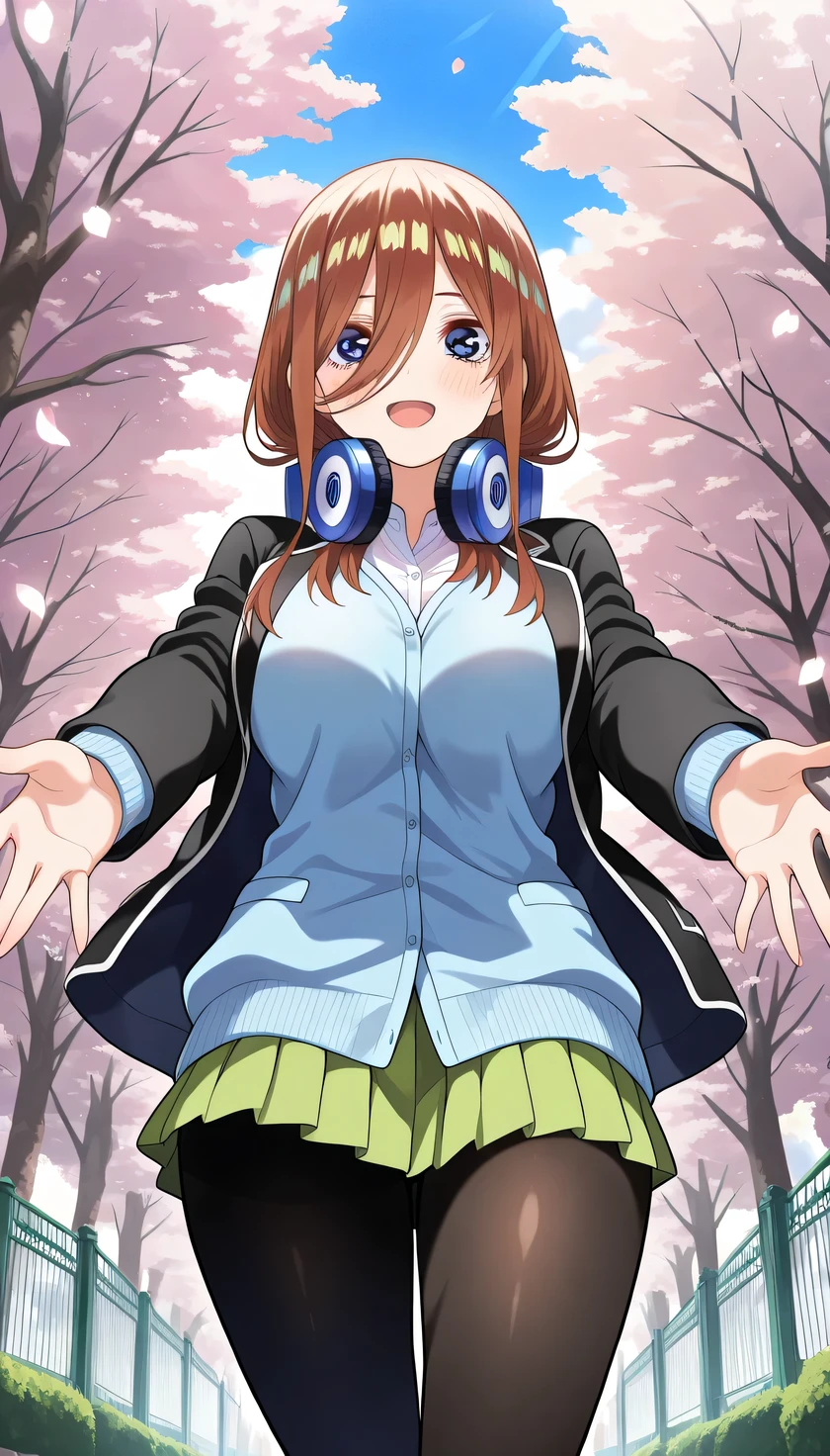 {{{masterpiece}}}, (best quality:1.5), (ultra-detailed:1.5), {illustration}, {{an extremely delicate and beautiful}}, (beautiful detailed eyes:1.6), absurdres, highres, extremely detailed face, 16k, hd, visual anime de uma jovem mulher, extremamente bonito rosto de anime, anime melhor garota, (perfect hands, perfect anatomy), (five fingers:1.1), anime face, Nakano Miku(Gotoubun no Hanayome), aamiku, 1girl, solo, cute face, long hair, (brown hair:1.3), hair between eyes, bangs, sidelocks, black pupils, blue eyes, flushed cheeks, large breasts, big hips, curvaceous, BREAK, blue headphones, headphones around neck, {school uniform}, white shirt, (black jacket:1.3), long sleeves, (open jacket:1.2), (light blue cardigan:1.2), school cardigan, (baggy cardigan:1.2), micro skirt, pleated skirt, green skirt, (black pantyhose:1.2), BREAK, school yard, smile, outdoors, tree, falling petals, cherry blossoms, daytime, In front of the school gate, outstretched arms, open mouth, under the sunlight , from below, sky