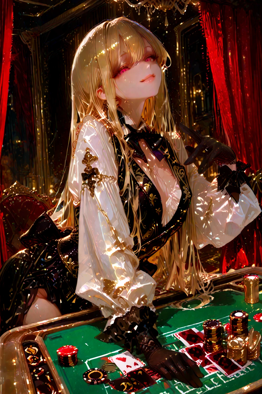 (8k, RAW photo, best quality, masterpiece:1.2), (realistic, photo-realistic:1.37), illustration, an extremely delicate and beautiful, perfect female body, extremely detailed, photography, 8k, Amazing, finely detailed, beautiful detailed eyes, best quality, ultra high res, ((extremely detailed face)), thin waist, thin legs, thin thighs, long legs, tight ass, extremely detailed body, big boobs, photography, (photorealistic:1.37), 1girl (((wearing black and gold intricate filled maid outfit, black and gold intricate frilled maid skirt:1, intricate choker necklace, intricate earrings, intricate maid headdress, black high heels))), ((blonde long wavy hair)), looking at the viewer, wide shot, ((kneeling on top of a poker table with a bunch of poker chip in the caesars palace casino in Las Vegas at night)), (clothed),
ulzzang-6500-v1.1:0.9,