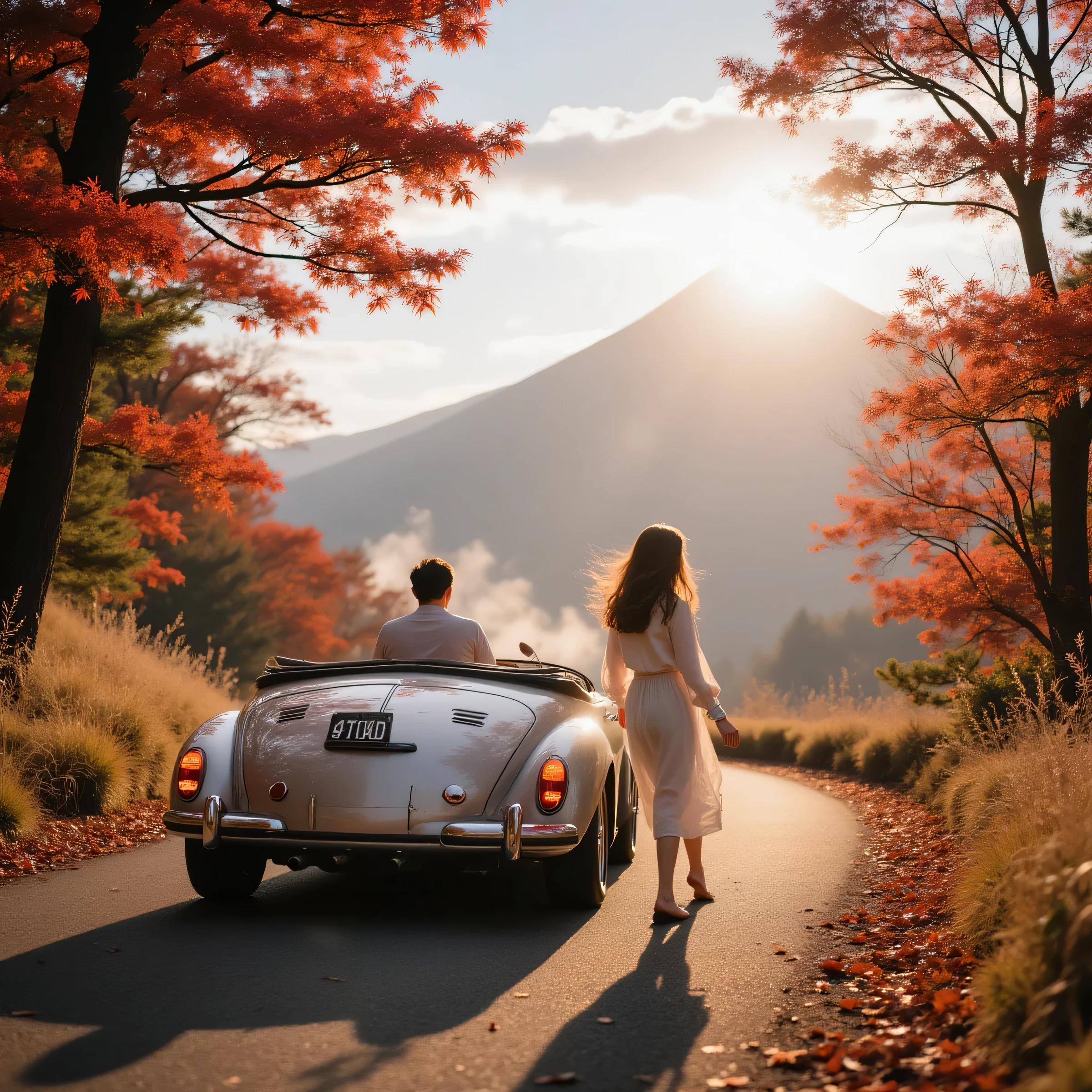 driving for fall foliage hunting on a date、couple happily riding in the highest-grade convertible car、The highest-grade luxury car、Bright red leaves can be seen on the scenic mountain々Bright red leaves can be seen on、Early morning weather shrouded in fog,A realistic balance、Fuji's Winding Road、