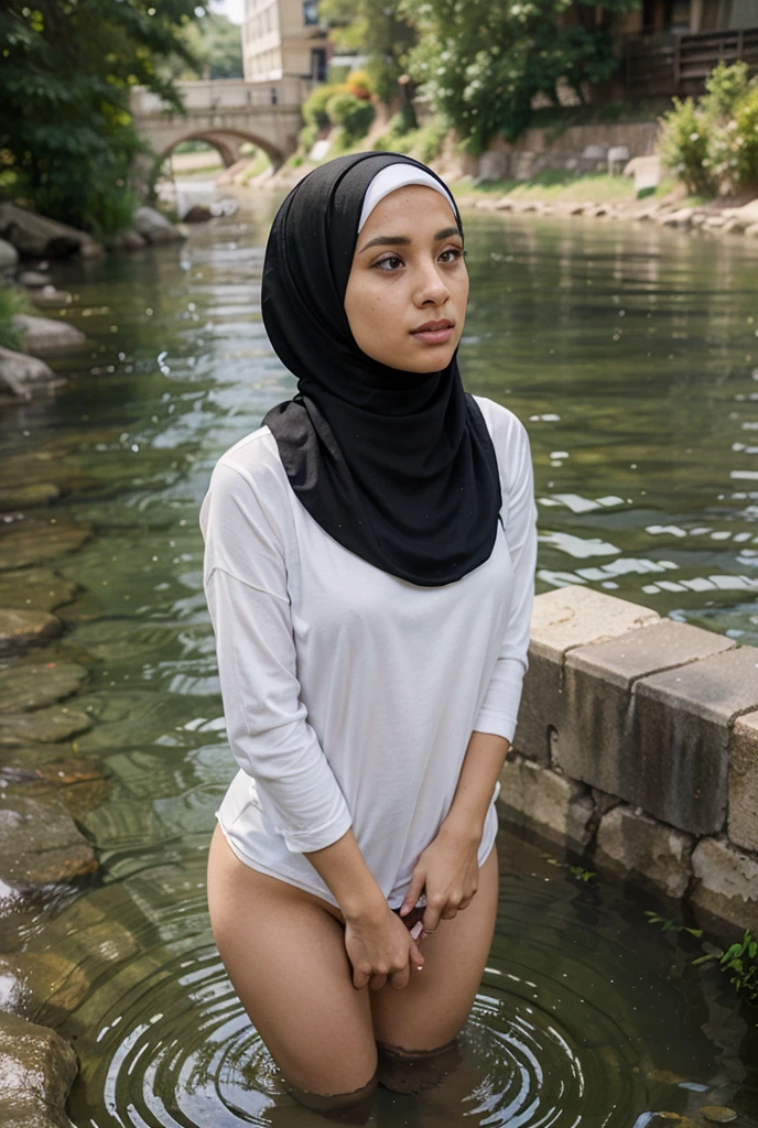 Compose a striking and cinematic photograph featuring a beautiful Indonesian woman in a hijab, slender belly with large thighig breasting, squat on the water, provoke pose, thick things, no underwear, exposed thick things, (show pussy with pubic hair:1.4), Juicy body, gorgeous eyes, Excellent lighting, Bright colors, Clean lines, The effect of water splashing on the body, Flushed face, woman playing in the pool not alone, Surrounded by many women