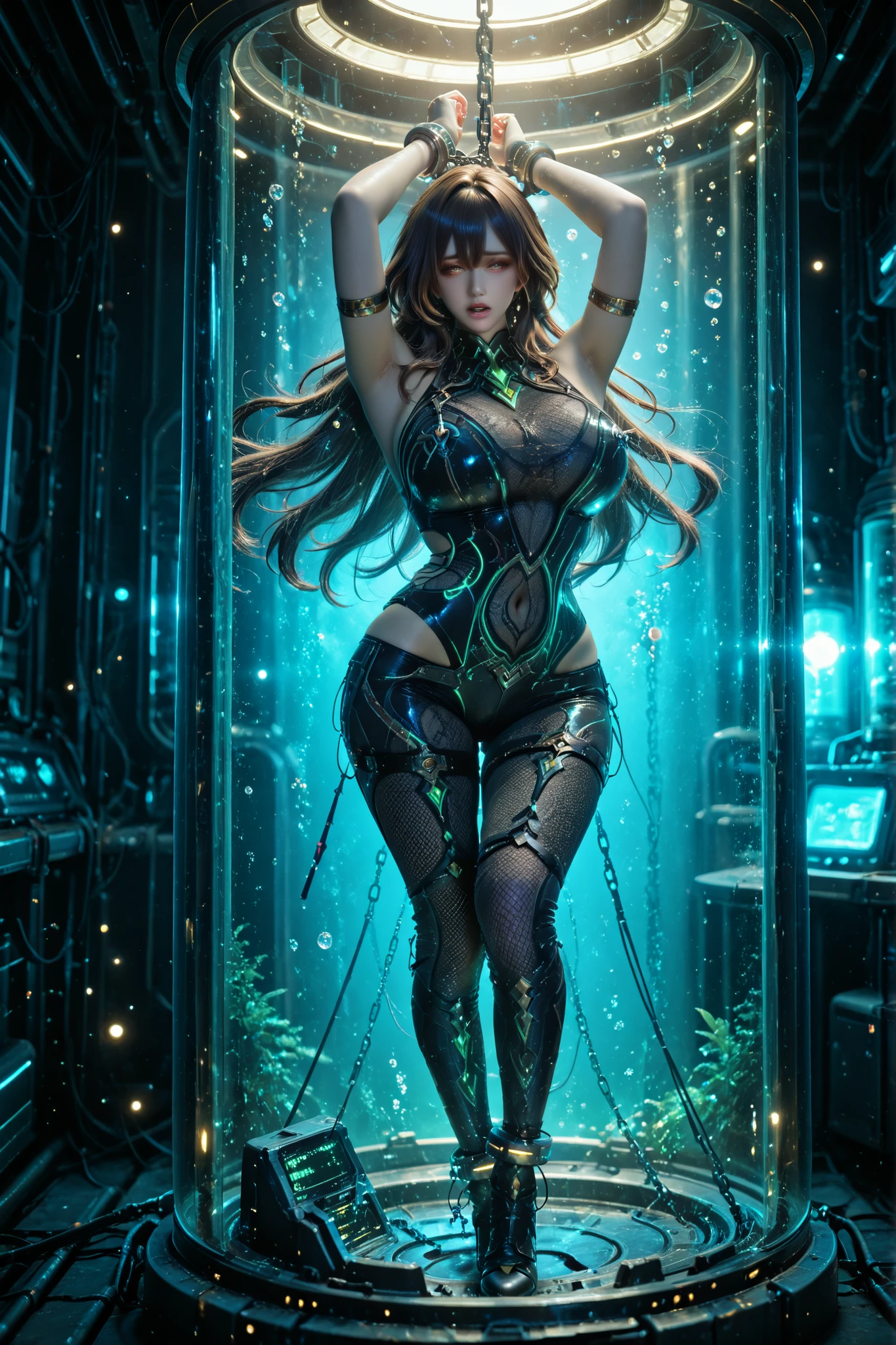 Genshin_Istaroth,huge breast,dark brown hair,open mouth,asphyxiation,cut-out costume around the navel,fishnets body suit,bare shoulders,(hands up,Hanged by chain,handcuffs,armpit:1.2),(Culture tank,stasis tank,in container,tank filled with water,air bubble,cables:1.1),floating upright in a geometric stasis pod,full body shot,(floating hair),science fiction,(nipple stimulation:1.4),sparkle,glowing,eyelashes, Sensual woman, Mature female, Milf, Elegant,Voluptuous, Glamor,Seductive, shy,depth of field, subtle bokeh, extremely detailed CG,high resolution, 8K uhd,unreal engine,ultra-detailed face,photo realistic,Hires .fix,vibrant colors,rich contrast ,masterpiece,best quality,detailed,highly detailed, ultra detailed, beautiful face,perfect face,highly detailed beautiful face and eyes,attractive face