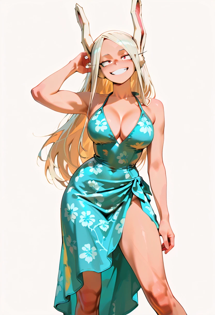 alone, girl, Mirko from My hero academia, white Blonde, rabbit ears, fit body, proud smile, clicky gaze, perfect legs, leotard, large breast, Mirko outfit, sarong, standing against a white background, soft lighting, high detail, expressive anime face, detailed skin texture, summer beach vibes, digital art, side pose