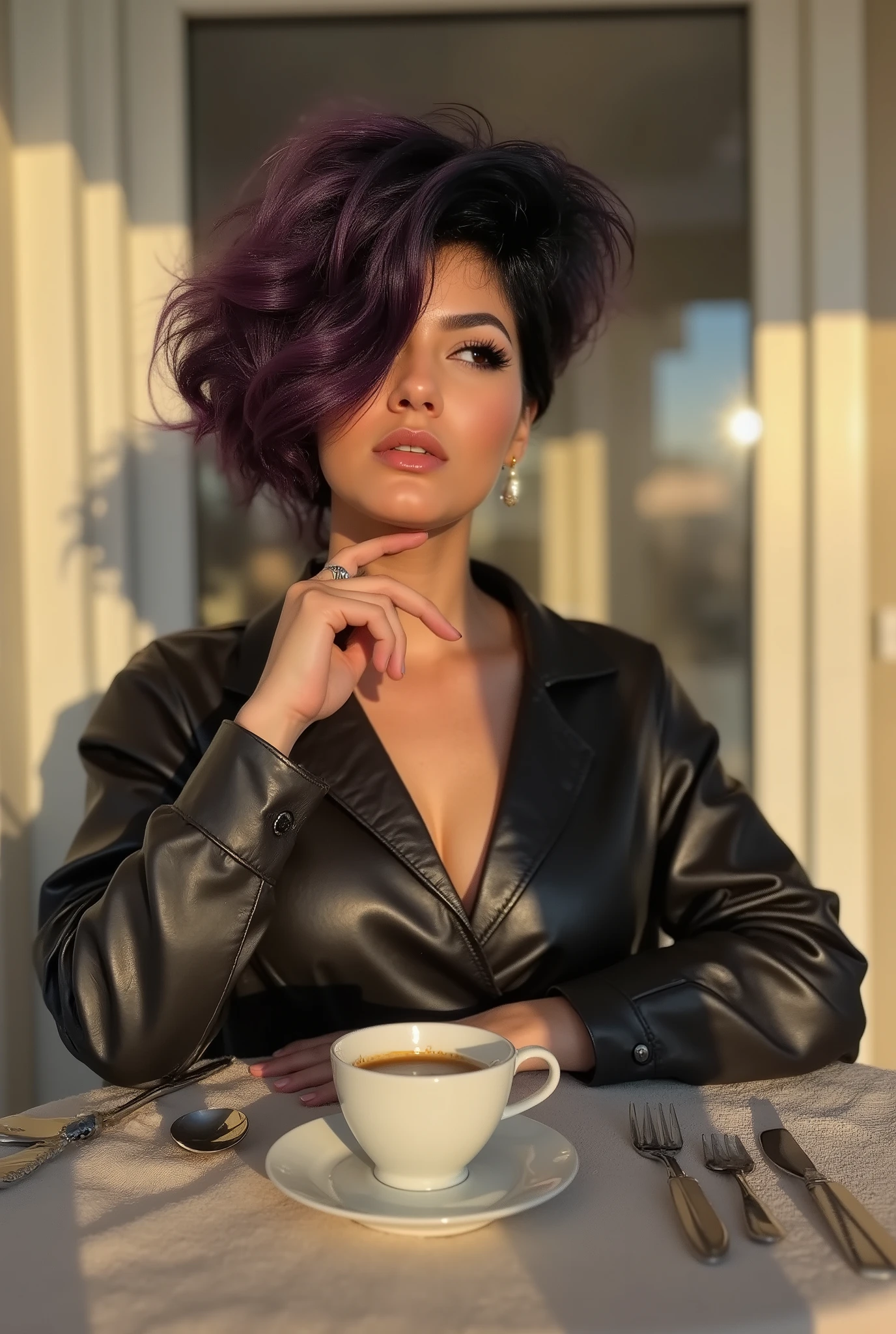 Elegant curvaceous lady in a flowing outfit Realistic details of leather and fabrics (8k quality) The morning sun creates dynamic lighting with glare on the dishes Elegant table pose with a cup of coffee Highly detailed table setting Soft shadows and light effects Professional photography with depth of field Natural textures of fabrics and porcelain