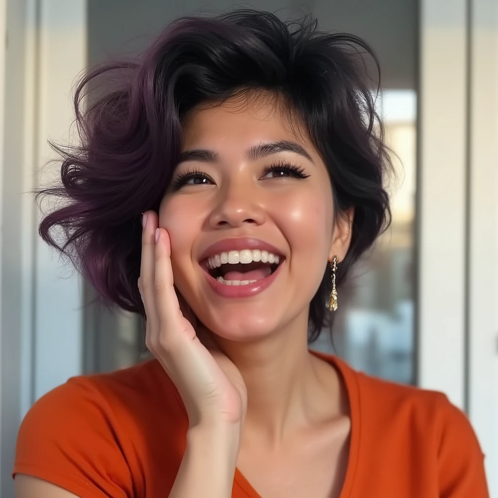 FFPSB, 1woman, beautiful, hand on face, upper body, smiling, happy