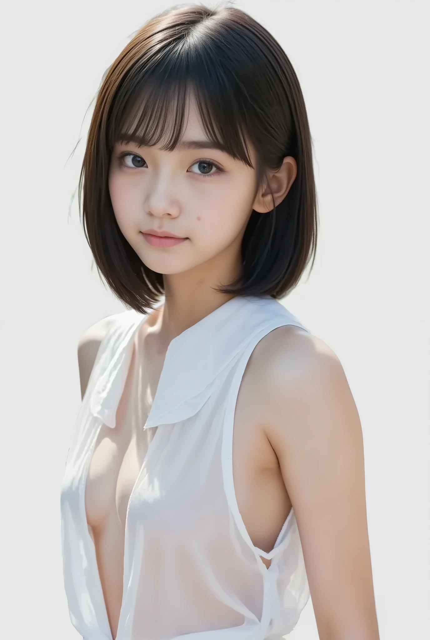 (masterpiece, best quality:1.2), One Japanese girl, solo, 18 years old, ((A very cute face like a popular idol)), Beautiful model、 smaller breasts, black hair, Slightly longer bob hair, (Sailor school uniform) 、In a school classroom、 upper body, (topless:1.7), NSFW