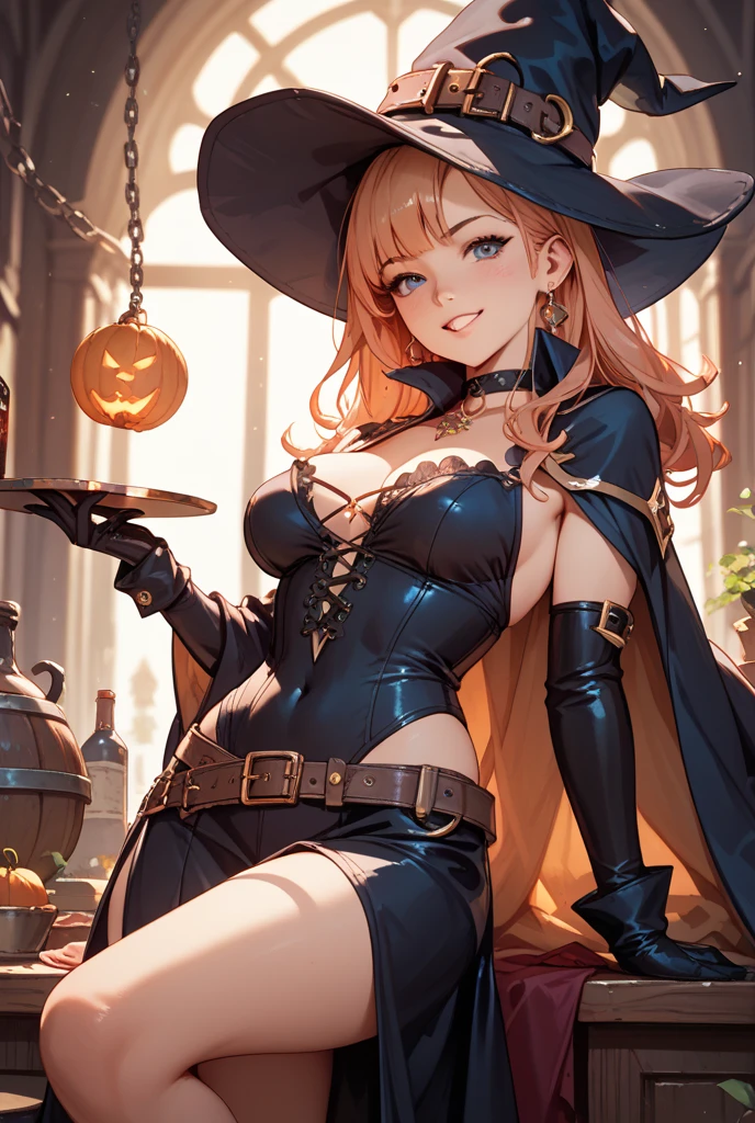 score_9, score_8_up, score_7_up, score_6_up, source_anime, 1girl, solo, <lora:gbfrosetta-pdxl-nvwls-v1-000005:1> halRos, brown hair, blue eyes, long hair, hair between eyes, black hat, hat flower, black shrug top, cleavage, bustier, black skirt, halloween costume, black gloves, black thighhighs, garter straps, huge breasts, sitting, chair, indoors, lounge, looking at you, smirk