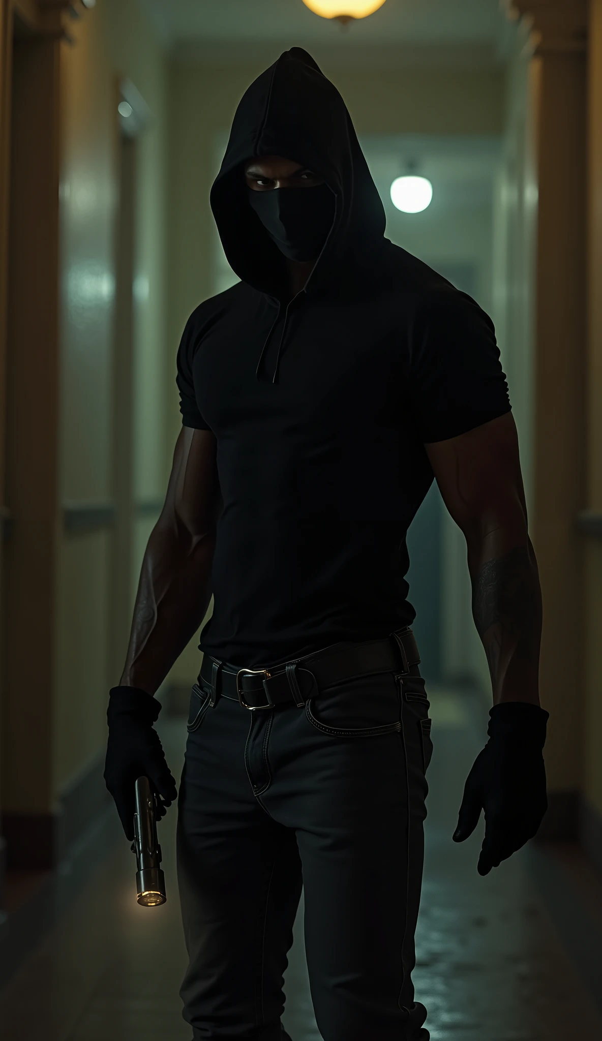 Gender: masculino;
Idade: 35 anos;
Etnia: ;
Cor dos olhos: Cinza-claro;
Corpo: men, muscle men, beautiful muscle, realistic, , best muscle men, muscle men, men, body men;
Detalhe do corpo: veiled neck, calloused hands;
Altura: 1,95m;
Accessory: mascára de burglar preta, black fingerless glove, belt with a revolver;
Roupa: long sleeve black wool t-shirt tight to the body, black jeans tight to the body, high top black leather boot with black carcase;
Personalidade: Olhar frio, perigoso, agressivo;
Comportamento: Ciumento;
Pose: standing, in a defensive position , showing caution, holding a flashlight in the left hand;
Ambiente: Hallway of a mansion at dawn, clima chuvoso;
Imagem: 4K, realista, alta qualidade, homem, , hunk, body muscle, muscular, burglar, intimidador, agressivo, dominante;