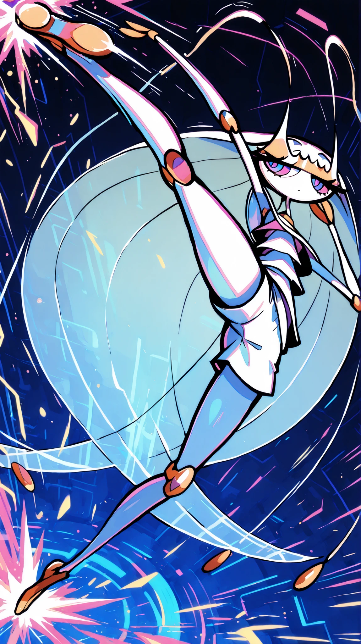 Pheromosa from Pokemon, White Body,Thin Waist, Very Thin Waist, Wasp Waist, Solo,vibrant colors, cel shading, Simplistic Art Style, solo,((round kick:1.3)),side view,(action:1.3),(acrobat:1.3),{cyberpunk background}