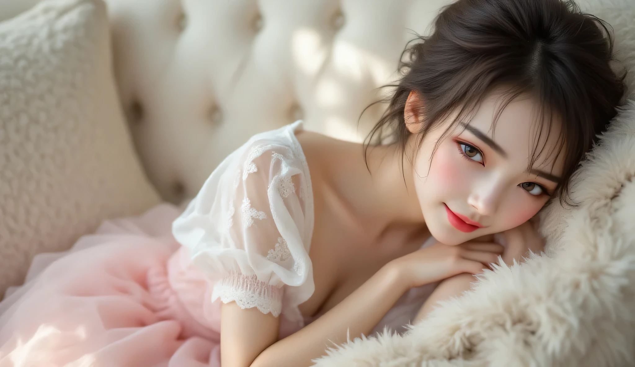((Highest Quality、masterpiece、high sensitivity、high resolution、detailed description、Delicate Facial Expression、long legs、girl lying on sofa、((Highest Quality、masterpiece、high sensitivity、high resolution、Detailed Explanation、Delicate Expression、F value :6.0))、((slender woman))、advanced digital art、white lace blouse、Tulle Skirt、long legs、pink dress with open chest、happy smile、