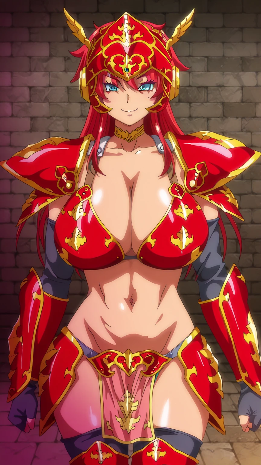 (best quality:1.0), HDR, highres, beautiful, 1boy, 1girl, ((huge breasts:1.2)), overflowing breasts, best quality, beautiful detailed eyes, ultra-detailed, (masterpiece:1.0), symmetrical eyes, symmetrical face, ((perfect tanned skin)), (absurdres:1.2), mature female, steaming body, sweaty body, shiny skin, soft lighting, narrow waist, sweat, wet body, thick thighs, hourglass figure, bursting breasts, photography, 8k, film grain blurry background, Bright_Front_face_Lighting, official art, extremely detailed CG unity 8k wallpaper, perfect lighting, Kodak portra 400, <lora:goldSun_saiminSeishidou:0.4>, thick thighs, pink lips, beautiful lips, 1girl, (vibrant_color:1.2), toned female, long hair, red hair, aqua eyes, armor, red helmet, <lora:Stella_fons:0.8>, smile, stella_fons, fullbody