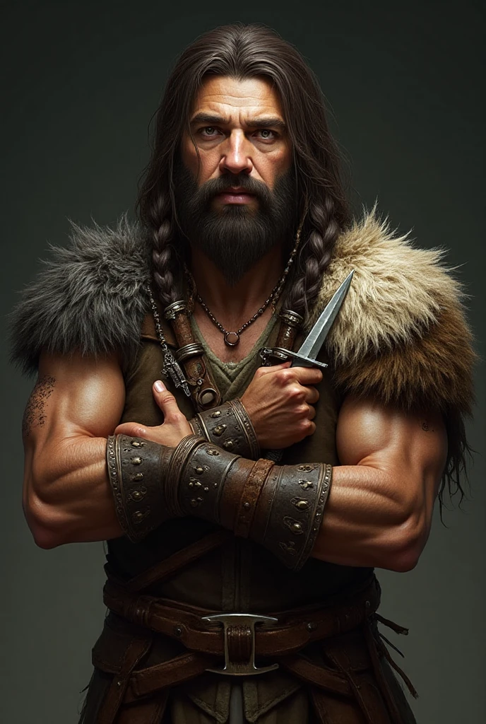 A warrior dwarf with a robust physique compact, with wide shoulders and strong arms. The face is square but androgynous with a beard not too long, framed by long dark brown braided hair, with a few beads and metal rings woven between the locks. He has proud and intense eyes, with a kind but determined expression.

She wears leather armor reinforced by raw fur, shoulders covered by animal skins that give her a wild and primitive appearance. On her bust she wears a thick belt with iron buckles, and studded leather bracelets wrap around the forearms.

He holds a sharp dagger in his hand, the short but sturdy blade, and holds it firmly by crossing her arms in front of her chest. His pose transmits confidence and strength.

The background is dark and neutral, highlighting the figure of the warrior. The visual style is realistic and detailed, with attention to materials (cuoio, metallo, pelliccia) and to the textures experienced, to give the idea of a battle-hardened fighter.