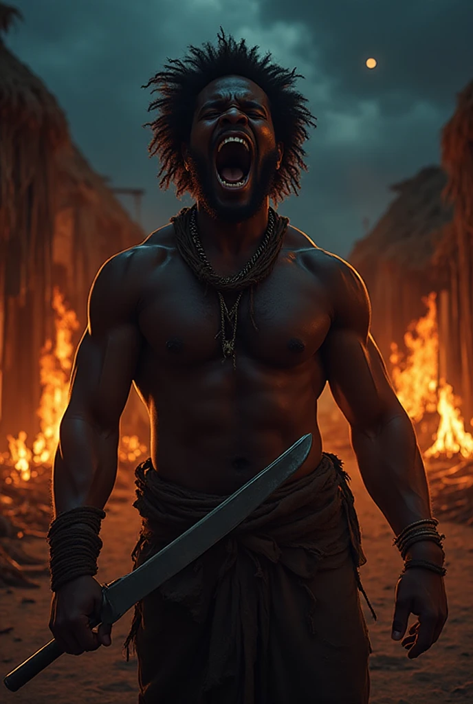 A highly detailed anime illustration, medium shot,
Afro Samurai, dynamic fighting pose, sword, motion trails,
vintage, dreamy, drawing, trending on artstation, UHD, (((by Quentin de Warren))):1.8, atmosphere, luminosity