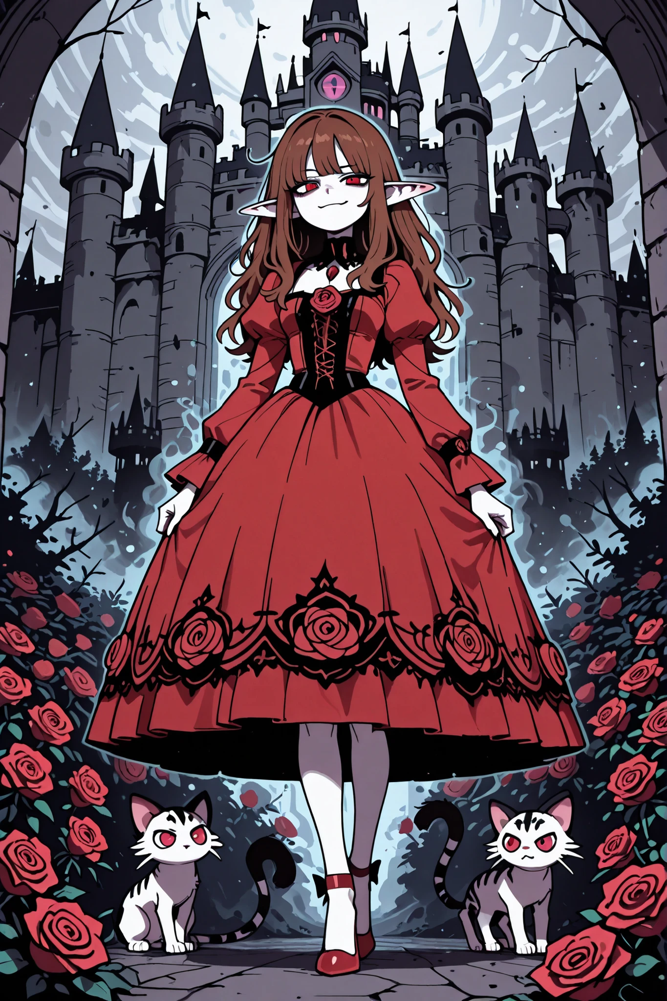 masterpiece , best quality , amazing quality , very aesthetic, woman, white skin, pale skin, tall, rounded elf ear, red eyes, drooping eyes, cold look, white pupil, feline pupil, long messy hair, brown hair, bangs, sharp canines, smirk, red gothic dress, heels, background magical castle, roses