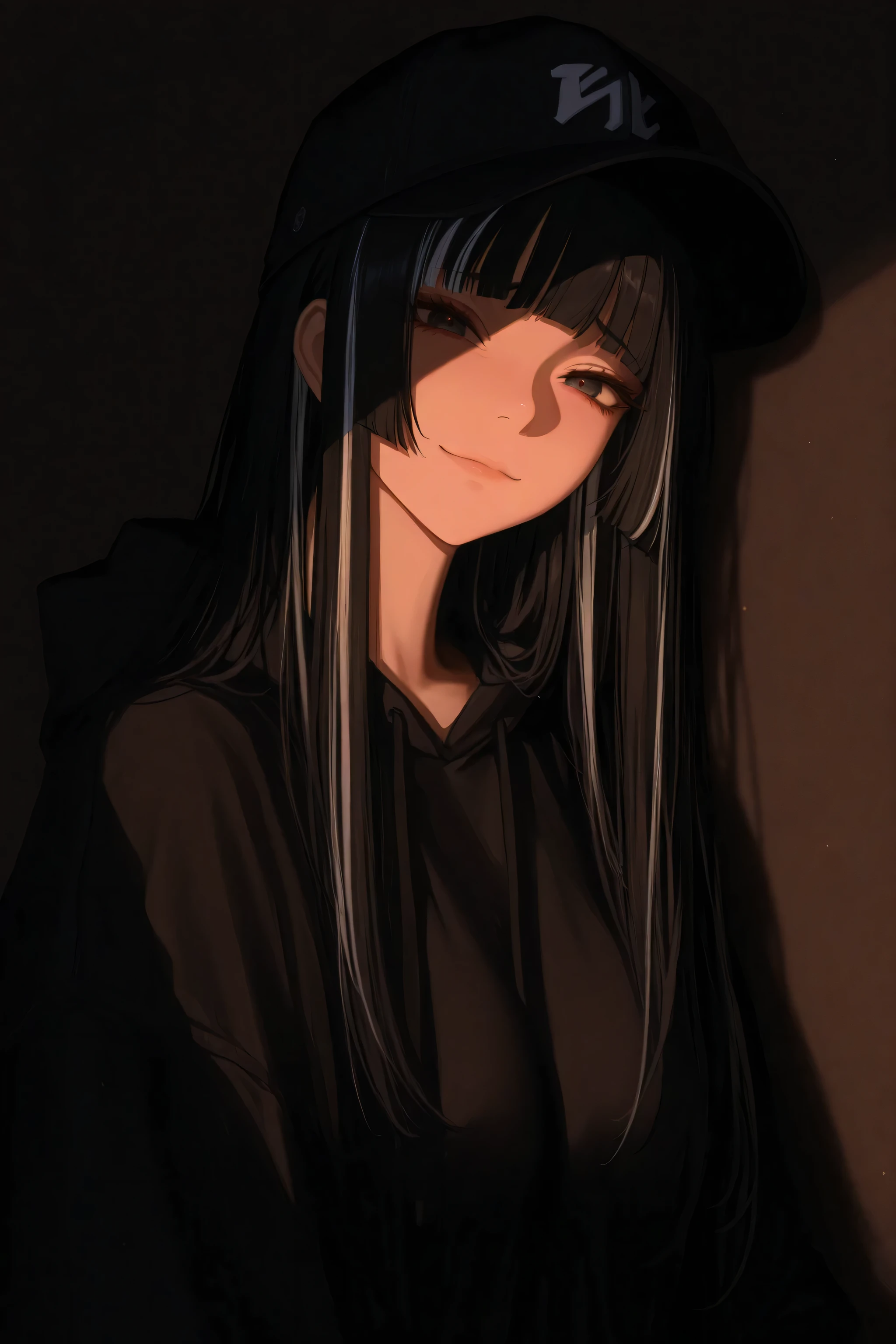 masterpiece, best quality, amazing quality, very aesthetic, high resolution, ultra-detailed, absurdres, newest, 1girl, baseball cap, hime cut, long hair, black hair, white hair streaked hair, sad smile, looking at viewer, sharp shadow, cinematic lighting, volumetric lighting