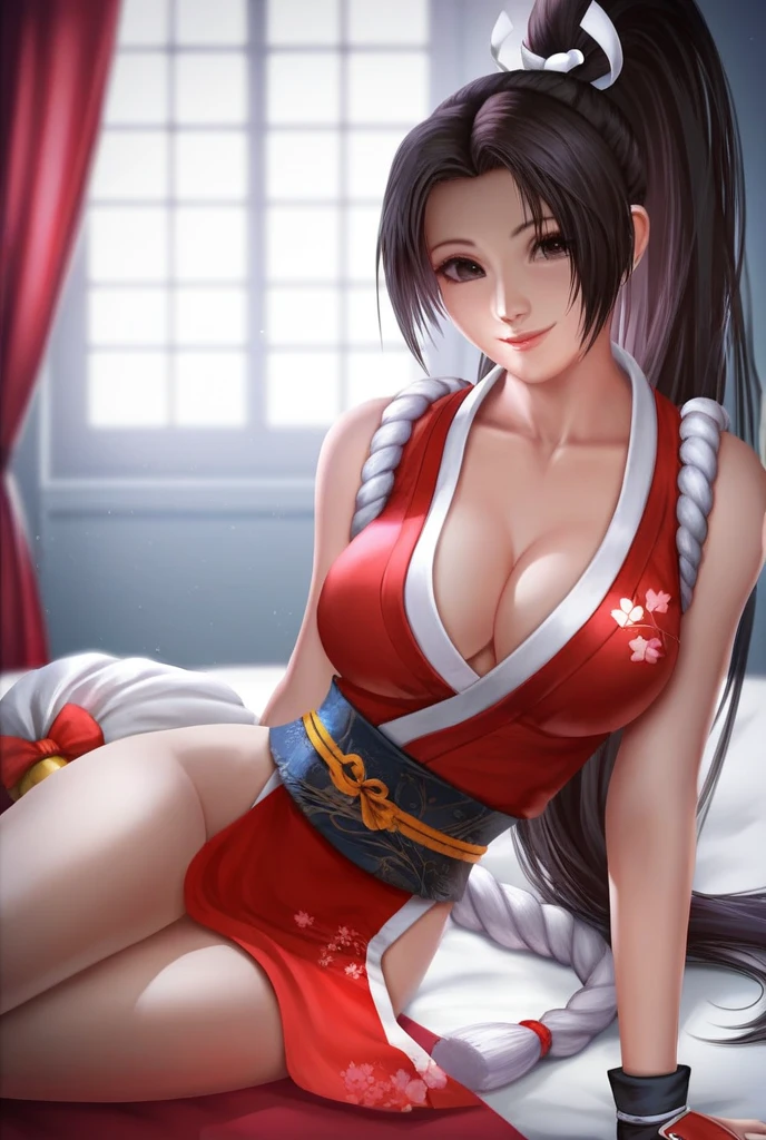 animetoreal,soft light,realistic, masterpiece, best quality,high quality,delicate face, 1girl,sitting, full body,
shiranui mai(Fatal Fury), shiranui_mai, fatal_fury, the_king_of_fighters, arm_guards, bare_shoulders, black_hair, , brown_eyes, cleavage, collarbone, floral_print, gloves, hand_fan, high_ponytail, holding, holding_fan, japanese_clothes, large_breasts, leg_up, legs, lips, long_hair, ninja, no_shoes, obi, parted_bangs, pelvic_curtain, ponytail, revealing_clothes, rope, sash, shadow, sleeveless, stirrup_legwear, tabi, thighs, toeless_legwear, toes