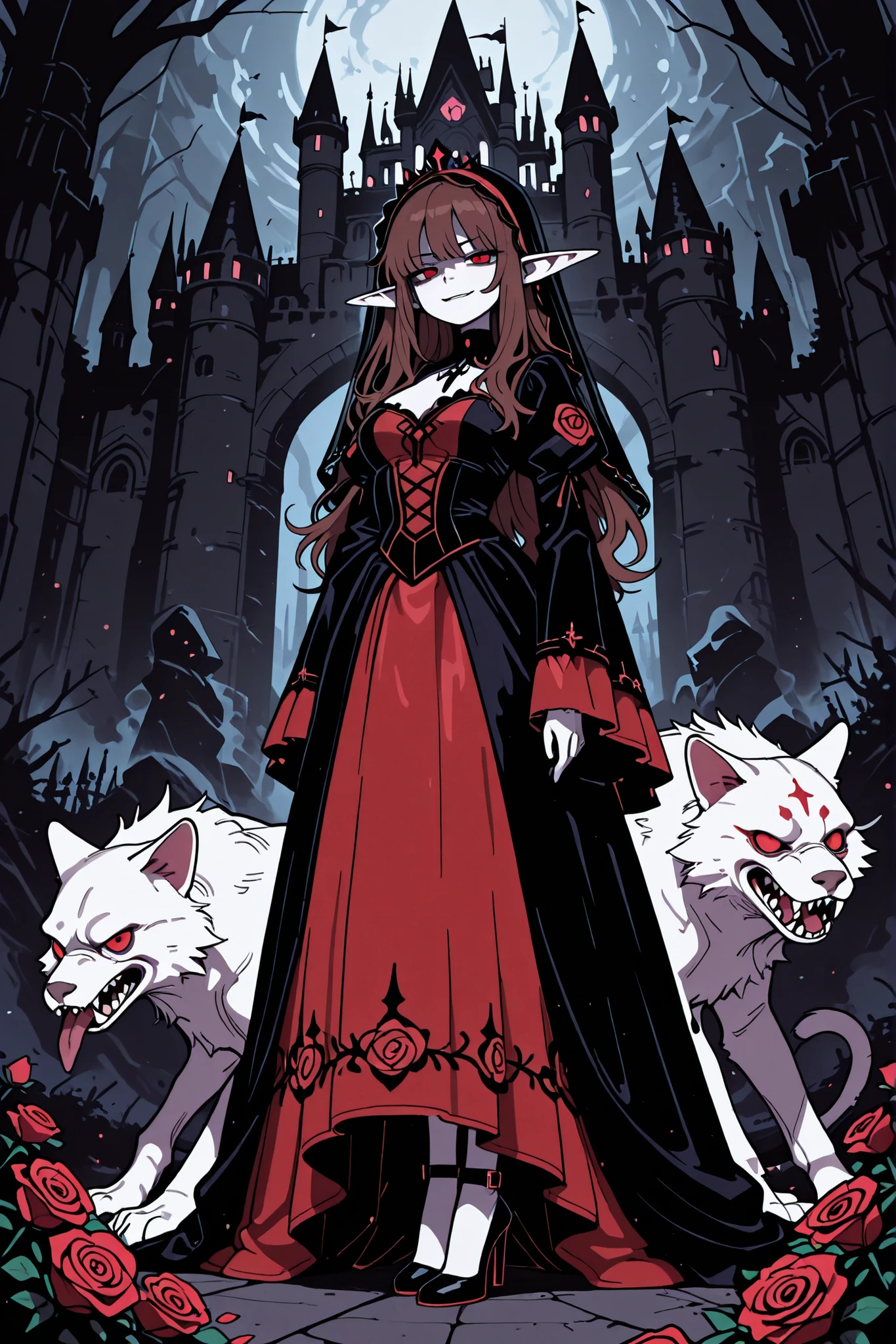 masterpiece , best quality , amazing quality , very aesthetic, woman, white skin, pale skin, tall, rounded elf ear, red eyes, drooping eyes, cold look, white pupil, feline pupil, long messy hair, brown hair, bangs, sharp canines, smirk, red gothic dress, black veil, heels, background magical castle, roses