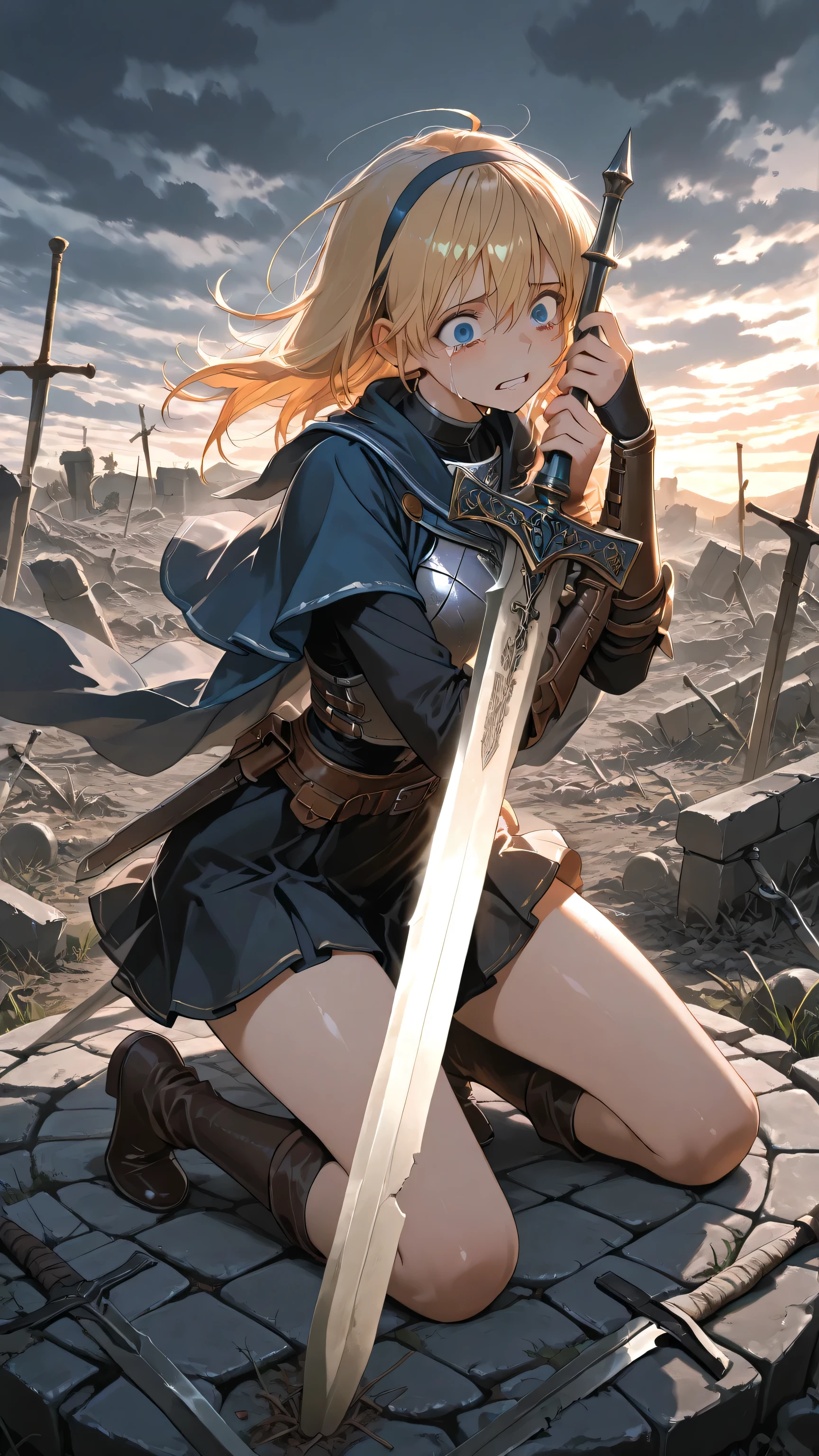 girl, kneeling, stone pedestal, holy sword, cannot pull, desperate expression, tears in eyes, cloudy sky, dramatic lighting, abandoned battlefield, broken swords in the ground, heavy atmosphere, dark fantasy, cinematic composition