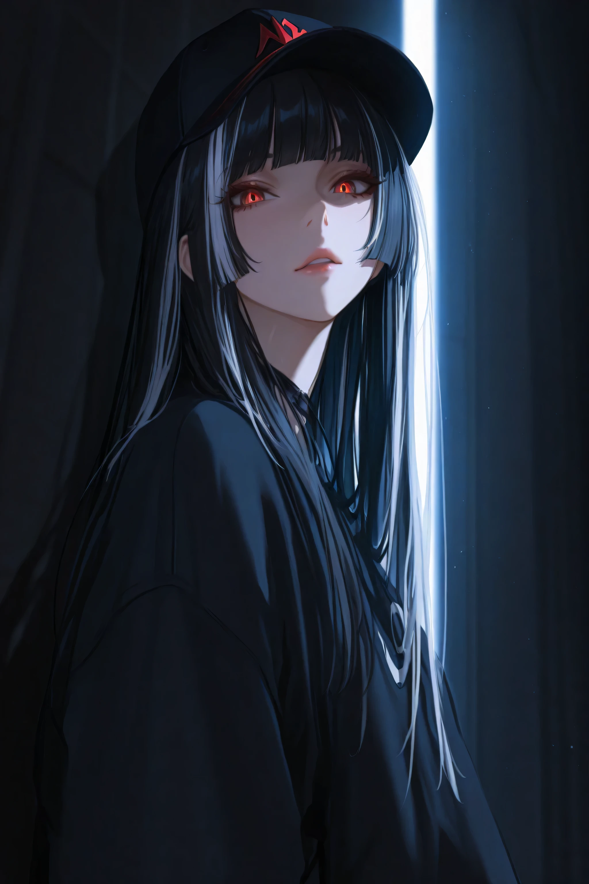 masterpiece, best quality, amazing quality, very aesthetic, high resolution, ultra-detailed, absurdres, newest, 1girl, baseball cap, hime cut, long hair, black hair, white hair streaked hair, looking at viewer, sharp shadow, cinematic lighting, volumetric lighting