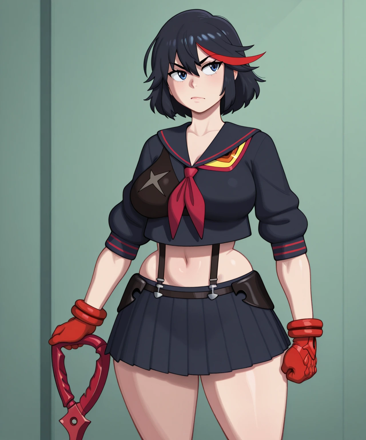 rating: sensitive, <lora:Matoi_Ryuuko_SDXL:1>,1girl, matoi ryuuko, senketsu, solo, breasts, short hair, navel, suspenders, skirt, underboob, thighhighs, revealing clothes, holding, medium breasts, two-tone hair, boots, blue eyes, black hair, white background, streaked hair, looking at viewer, closed mouth, thigh boots, simple background, hair between eyes, standing, black pleated microskirt, bangs, masterpiece, best quality