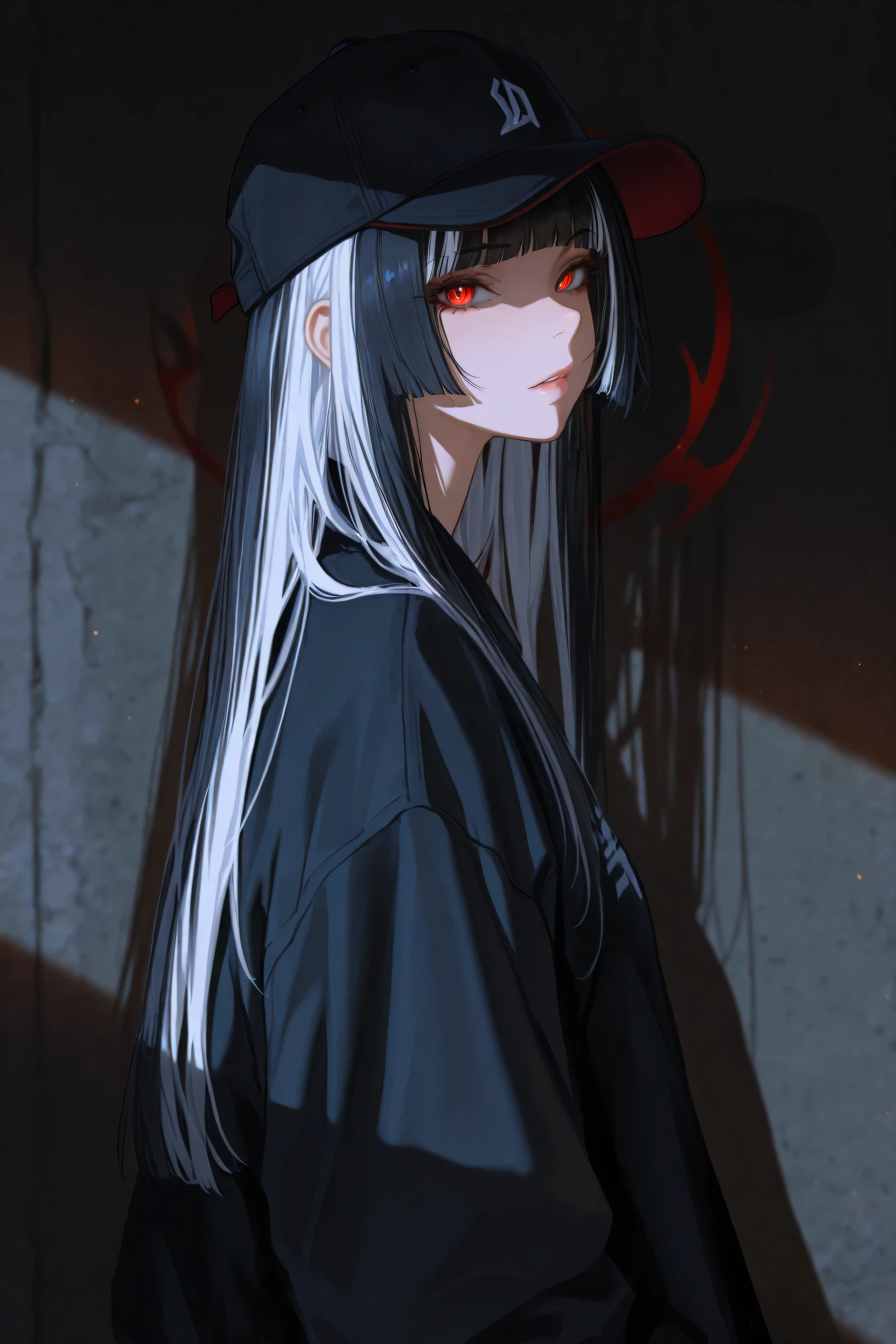 masterpiece, best quality, amazing quality, very aesthetic, high resolution, ultra-detailed, absurdres, newest, 1girl, baseball cap, hime cut, long hair, black hair, white hair streaked hair, looking at viewer, sharp shadow, cinematic lighting, volumetric lighting
