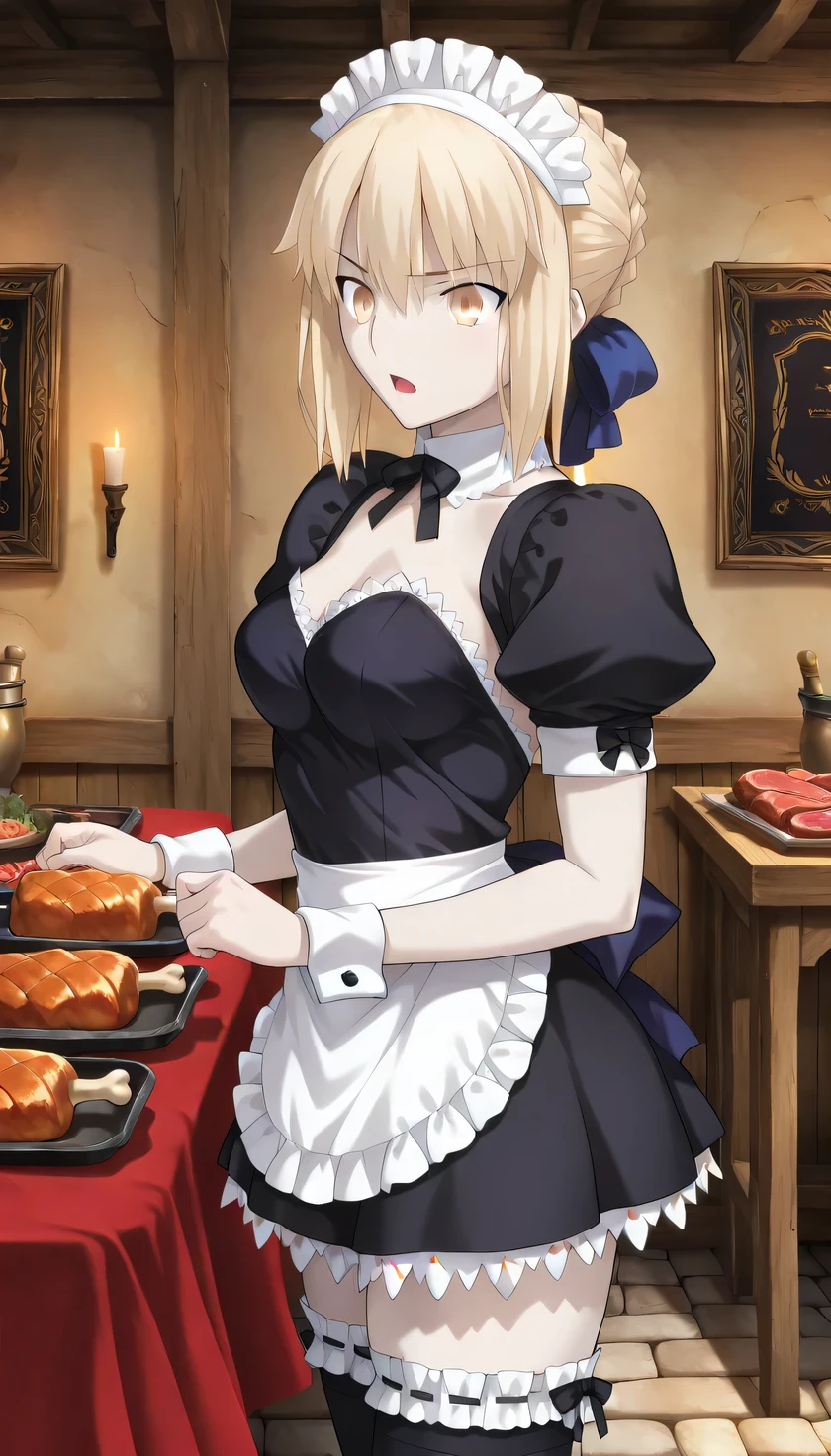 {{{masterpiece}}}, (best quality:1.5), (ultra-detailed:1.5), {illustration}, {{an extremely delicate and beautiful}}, (beautiful detailed eyes:1.5), absurdres, highres, extremely detailed face, 16k, hd, visual anime de uma jovem mulher, extremamente bonito rosto de anime, anime melhor garota, (perfect hands, perfect anatomy), anime face, Artoria Pendragon(Fate stay night), saber alter, 1girl, solo, cute face, artoria pendragon (fate), blonde hair, yellow eyes, french braid, braided bun, single hair bun, short hair, sidelocks, pale skin, medium breasts, big hips, curvaceous, BREAK, maid attire, (black maid outfit:1.2), headdress, white collar, short sleeve, white pinafore, short skirt, (black thighhighs:1.3), frilled thighhighs, black shoes, thighs, zettai ryouiki, BREAK, indoors, guild, medieval tavern, table, meat food, open mouth, food on table, (from side:1.2), (upper body:1.5)