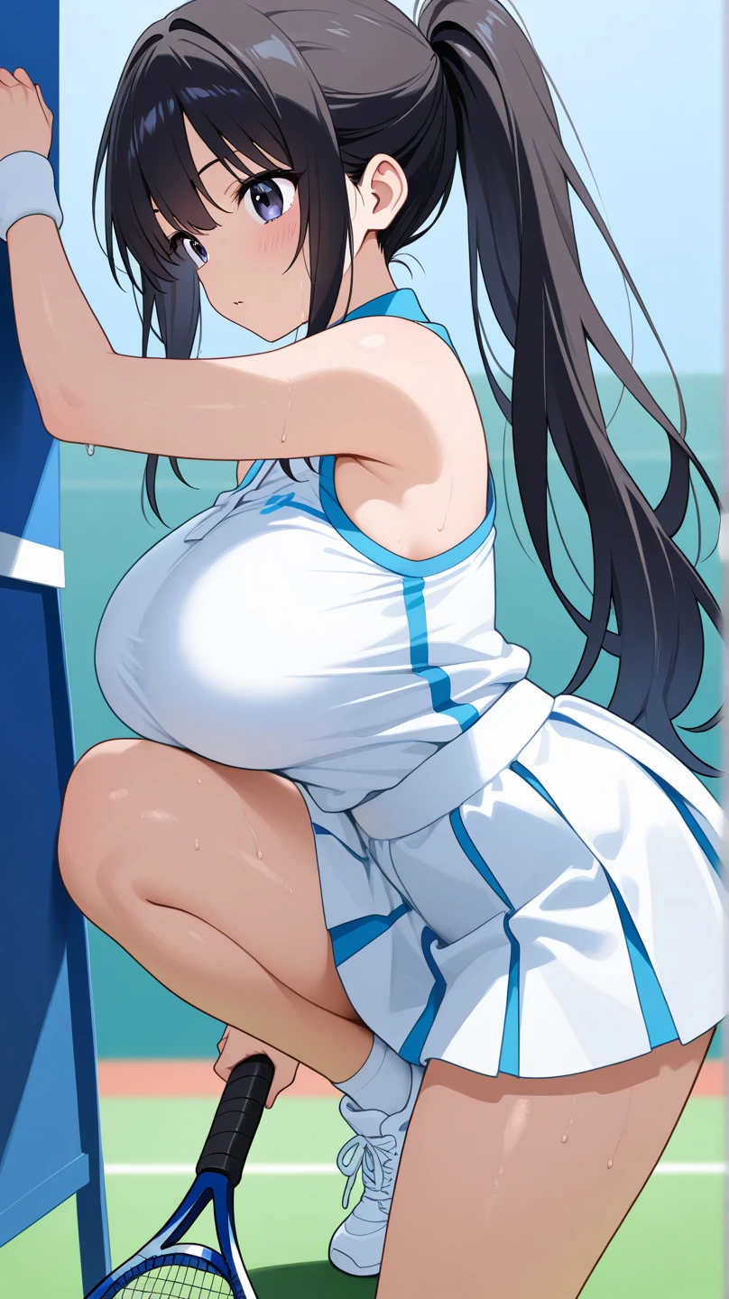 (best quality:1.6), 8k, intricate details, (Masterpiece:1.6), absurdres, (ultra-detailed), (best illustration), Best Scenery, Detailed Scenery, Best Colors, Best shadow, perfect lighting, Illustration, Wallpaper, ((scenario: a woman surrounded by a bright light that didnât hurt the eyes. Sheâs wearing white robes that remind of greek statues of gods letting her arms exposed and hugging her waist, the top part is supposed to be loose but her big breasts force it to be com,pletely filled, sheâs not tall around 150cm, white skin and big blue eyes, her black hair in the shape of huge pigtails almost as large as sheâs tall, held by leaf shaped hair clips.))