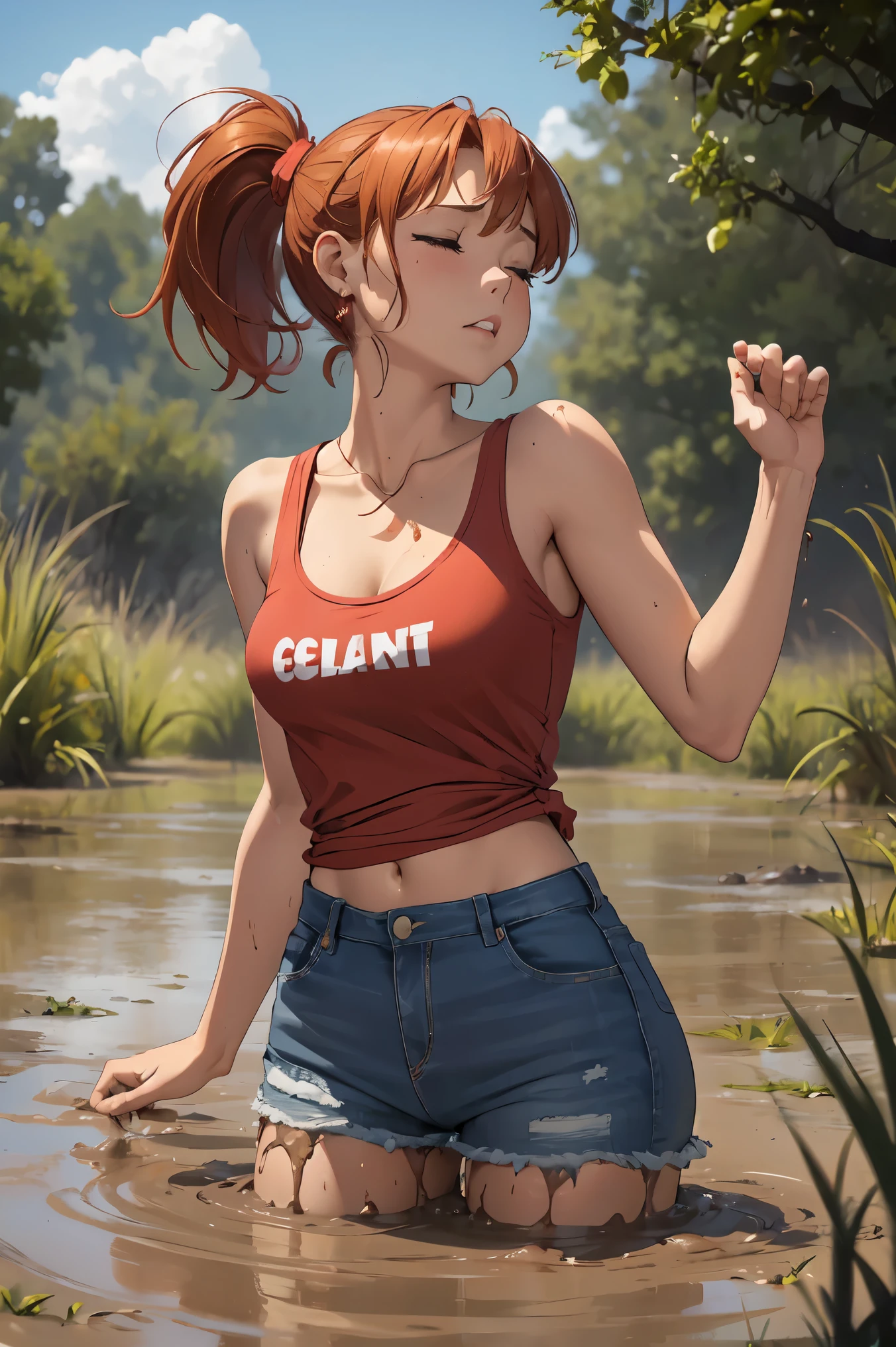 pretty girl in a red tank top, copper-red ponytail , in earrings , Beautiful, she got stuck up to her chest in quicksand, god, swamp, swamp, filthy, sloppy, deep mud, , intimate moment , passion , (head thrown back to the sky:1.3), look up, Her eyes are closed, her mouth is open, jeans