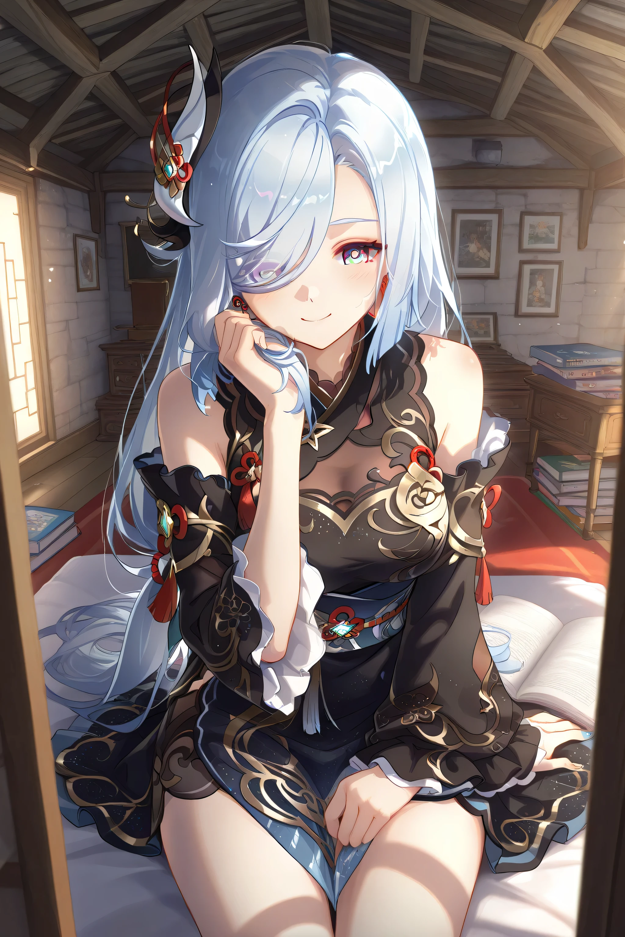1 girl, from Shenhe (Genshin Impact ), Shenhe's New Year clothes, black dress, hair on one eye, long hair, hair accessories, independent sleeves, in the attic, select books, high detail, contrast, ray tracing, best lighting, film composition, beautiful face, best quality, very beautiful, ultra-high resolution, detailed background, games, soft details, detailed watching, soft atmosphere, lovely style, solo, carefully made hair and eyes, smile, advanced game CG images,