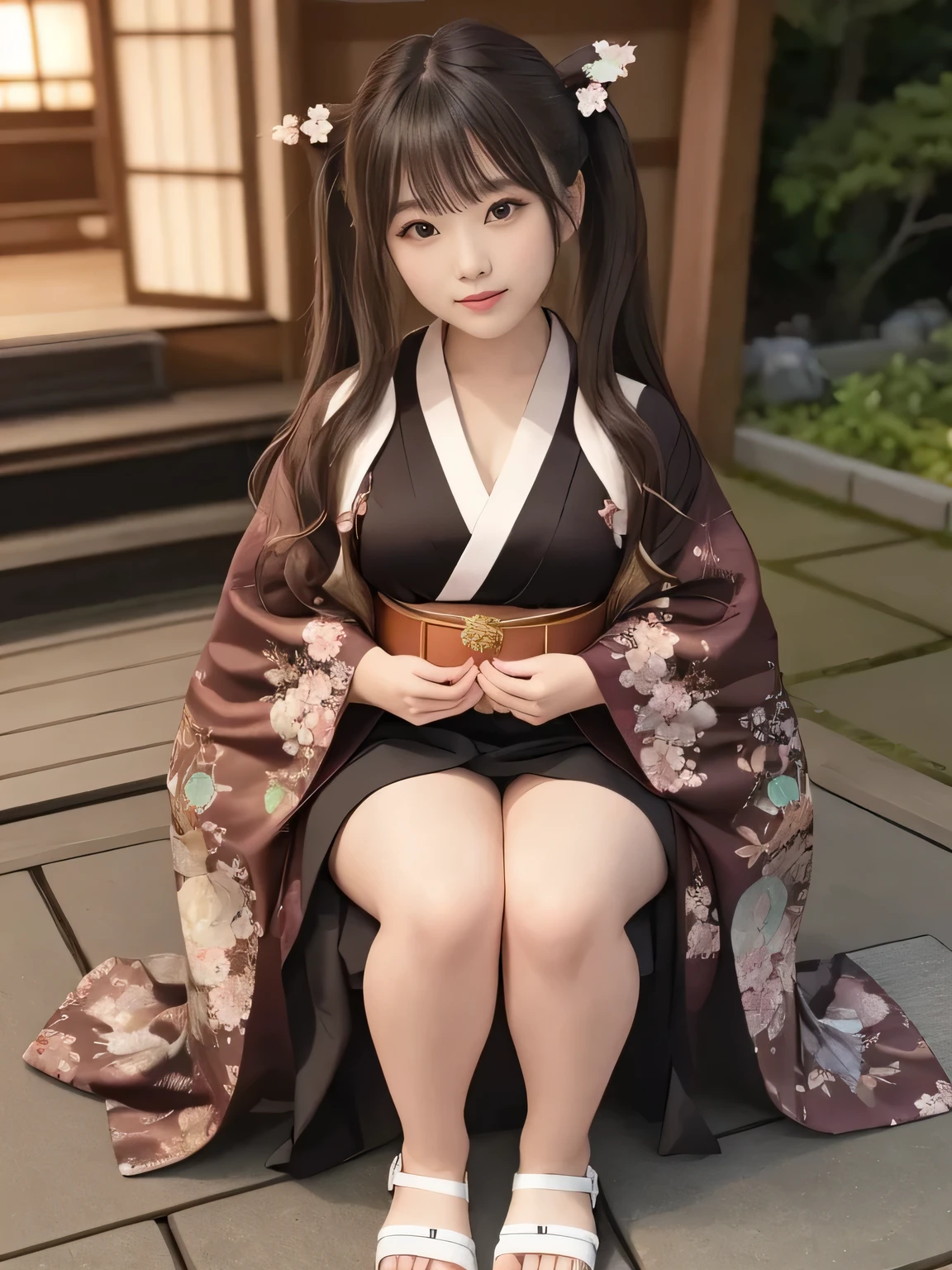 (Highest Quality)、masterpiece、HYPERREALISM、with amazing highlights、intricate details, warm lighting,

Japanese shrine, Torii Gate、Live feeling 、wonderful cherry blossoms at night、gives this scene a special charm,
Taken with X-T4,85mm,Blurry Background,
(woman has fox tail , big tail wagging,The tail is fully visible, ), 

sex appeal、The Girl Is Seductive、 Glossy Brown Hair 、middle twin tail、sits on top of the beast ear、cute、scowl the person、lips、Long-sleeved kimono、Gorgeous floral kimono ,perfect body、Chubby Glowing Thighs、High stand sandals、embarrassed expression、amazing beauty、The dog-like sitting position with hands in front of you, 