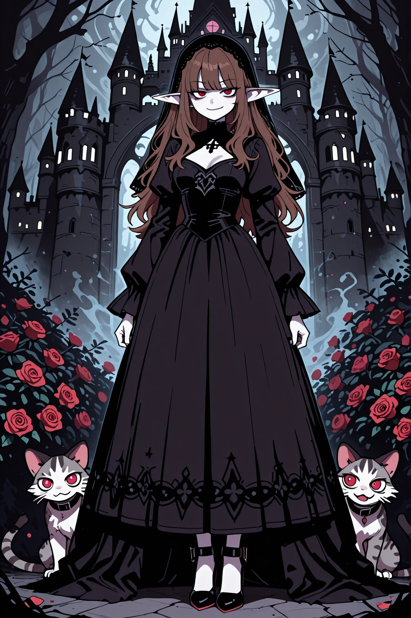 masterpiece , best quality , amazing quality , very aesthetic, woman, white skin, pale skin, tall, rounded elf ear, red eyes, drooping eyes, cold look, white pupil, feline pupil, long messy hair, brown hair, bangs, sharp canines, smirk, black gothic dress, black veil, heels, background magical castle, roses