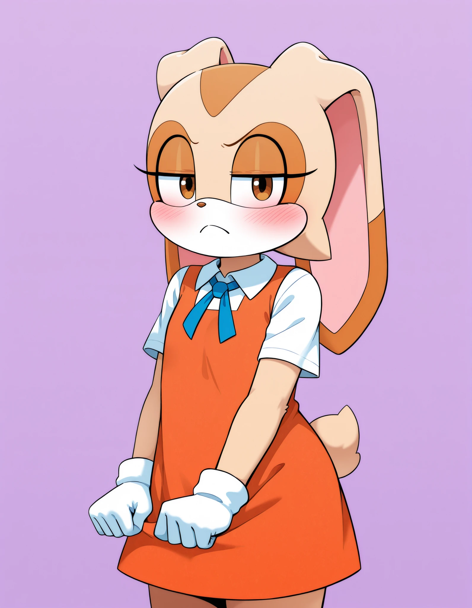 Sum Style, blush,
masterpiece, best quality, very aesthetic,
(anger, frown, standing, cowboy shot, solo, 1girl, arms at sides, solo, 1girl ), cream the rabbit, body fur, fluffy fur, young, looking at viewer, cute pose,
orange dress, blue neck ribbon, short sleeves, white sleeves, gloves, masterpiece, best quality, good quality, newest, very awa, absurdres, highres, light purple background,,