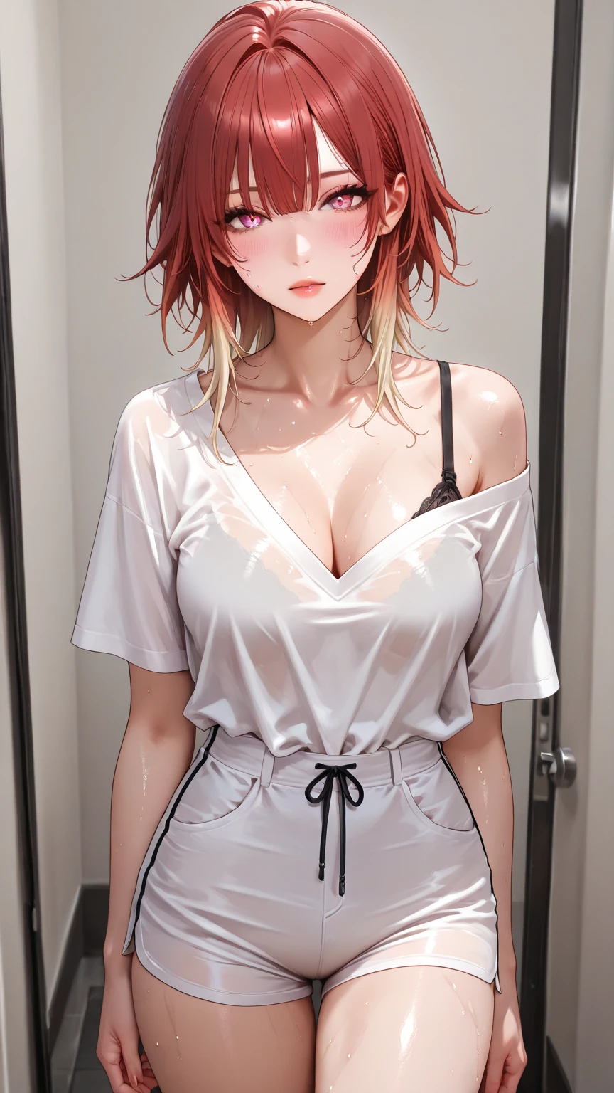<lora:pajamas_challenge_v1:0.7> , (oversized t-shirt:1.3),,
<lora:GUDAKO2:0.8> gudako, large breasts, orange hair, short hair, thighs,
(8k uhd, extremely detailed CG unity 8k wallpaper, masterpiece, (((best quality))), ultra-detailed, beautiful detailed eyes:1.2), (((extremely detailed))), highly detailed, beautiful, small details, ultra detailed, best quality, intricate, 4k, 8k, trending on artstation, good anatomy, beautiful lighting, award-winning, absurdres), <lora:more_details:0.5>,, <lora:breastinClass:0.3>
