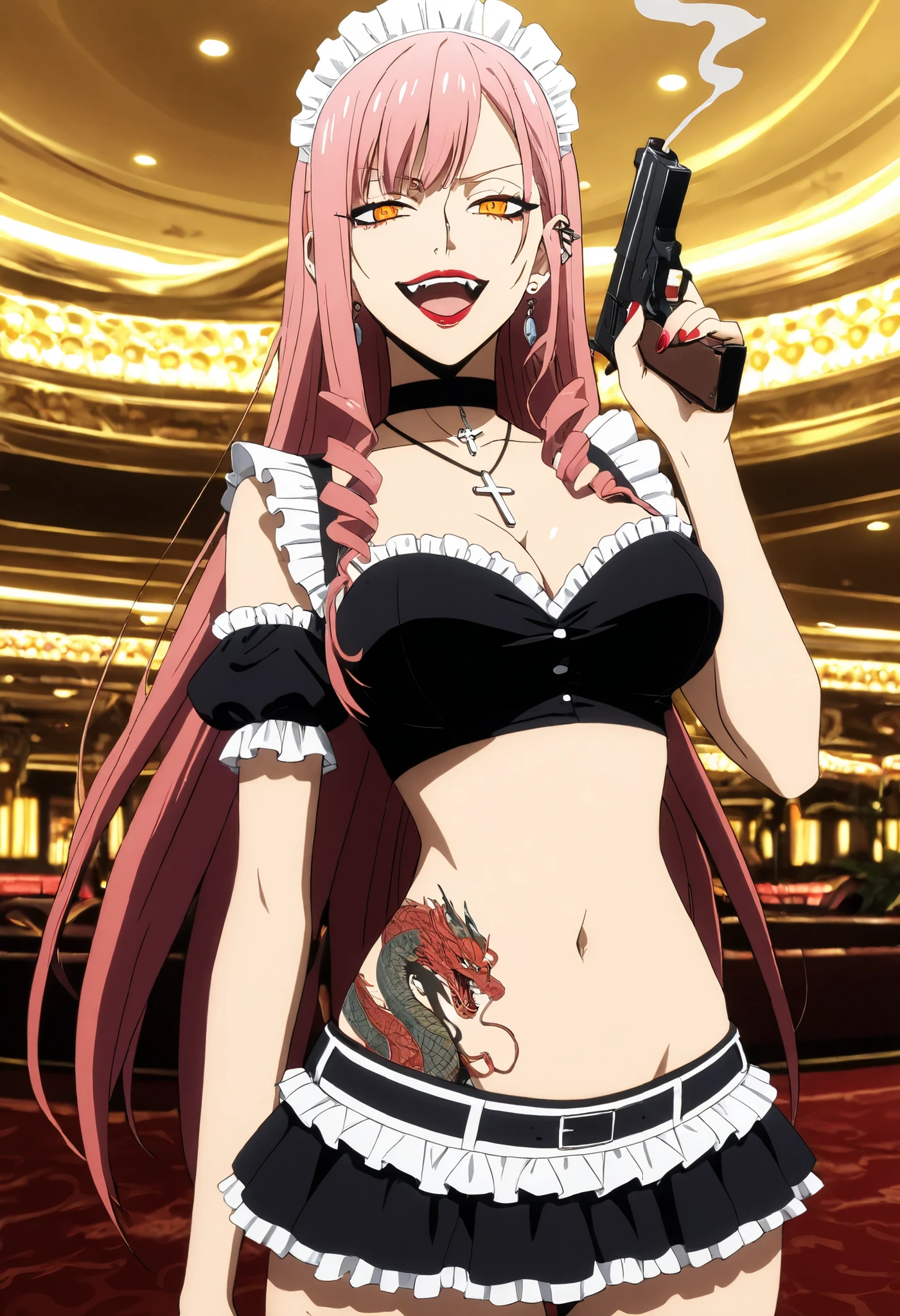 1girl, solo,
score_6, score_7, score_8, score_9,
pink hair, long hair, orange_eyes, yellow_eyes, midriff, navel, FullyExposedStomach, midriff, navel,
(toned_body:0.8), nail polish, ,makeup , ear piercing, long hair, lipstick,Hot girl, baddie, smoking, sensual, attractive , choker, ,cross necklace,,jewelry, earrings, complex detailed background, casino environment, fancy interior environment,
rich interior, masterpiece, best quality, highly detailed, a girl in maid uniforms, holding pistol, maid
outfit, cleavage, evil smile, smile, open mouth ,official artwork, (nsfw) not safe for work, beautiful maid
girl, , micro skirt, exposed belly, exposed navel, exposed midriff, exposed lower belly, holding a gun,,, medium large Breasts, dragon tattoo on waist, narrowed eyes, tattoo on waist,, anipai_style , anime screencap , anime coloring,,