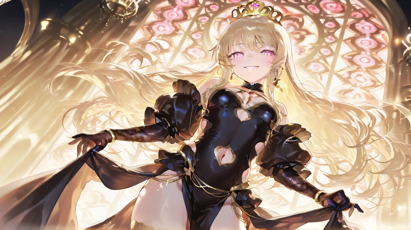 1 girl、Blonde、Long Hair、Fantasy、Holy Goddess、Black clothing、Complicated costumes、Gold decoration、(Aggressive design)、Sleeves that cling to the arms、Bigger breasts、Exposed Skin、Shameless、Provocative、Fan、Lust、Estrus、lure、smile、Redness、((sexual excitement))、Red Eyes、Devil horns、bed、Lying on your back、Exposed lower body