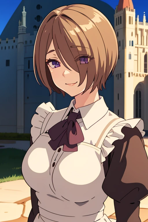 masterpiece,best quality,1girl,breasts,short hair, brown hair,light brown hair,purple eyes, hair over one eye, maid uniform, smile, outdoor, castle, mediaval background, disheveled strand hair.