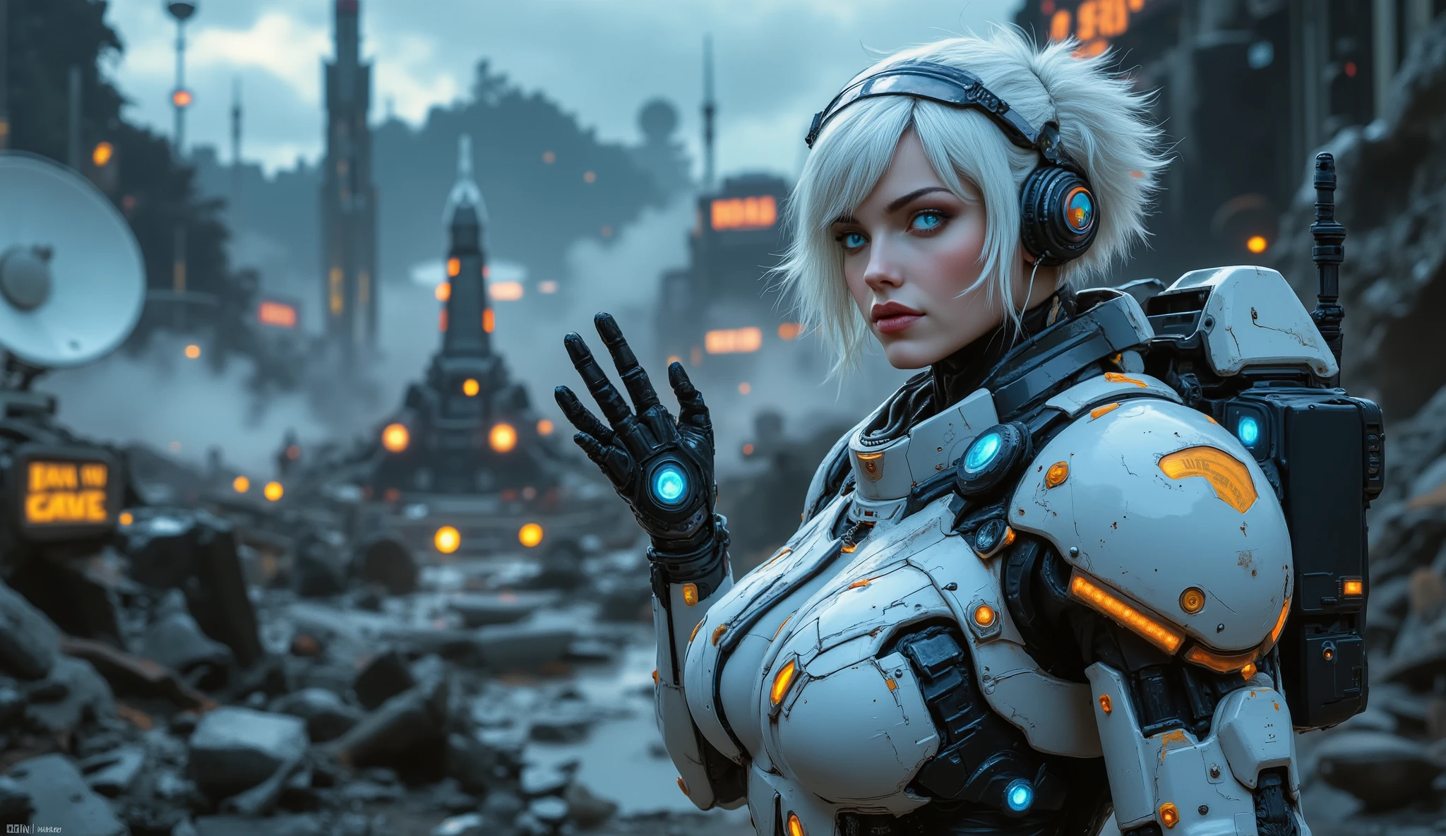 _**Style:** Photographic, hyperrealistic, real details, cinematic,
Woman styled after the tank girl comic character driving a massive mech armor body suit. She is located in the mech's chest.
_**Main subject:** Very beautiful full-body Scandinavian woman, 22 years old, (((full body: 1.8))). Appearance: White hair, bright blue eyes, with bioluminescent devices on her arms and hands in blue.
_**Costume:** The woman wears futuristic white servomechanical armor with elegant curved lines and bright orange details, molded to a woman's body. (((wears boots with a Kevlar shell and pneumatic adjustments, yellow lights monitor the gravitational pull))). Various devices illuminate the armor in bioluminescent orange. A hyperrealistic portrait of a graphic woman equipped with the latest gadgets and technological equipment, always looking to the future, a little crazy and old-fashioned, but also very elegant. (((A bold woman, standing atop the wreckage of a damaged spaceship, showing off her full body. She's wearing a classic 1950s retro jetpack.))), (((She wears a clear glass helmet over her head.))) Her 1950s hairstyle is perfectly styled inside the helmet.
_**BACKGROUND:** Below, a retro-futuristic rocket launch site features Googie architecture, satellite dishes, and bold atomic-age signage. The sky is filled with flying saucers and stylized rockets.