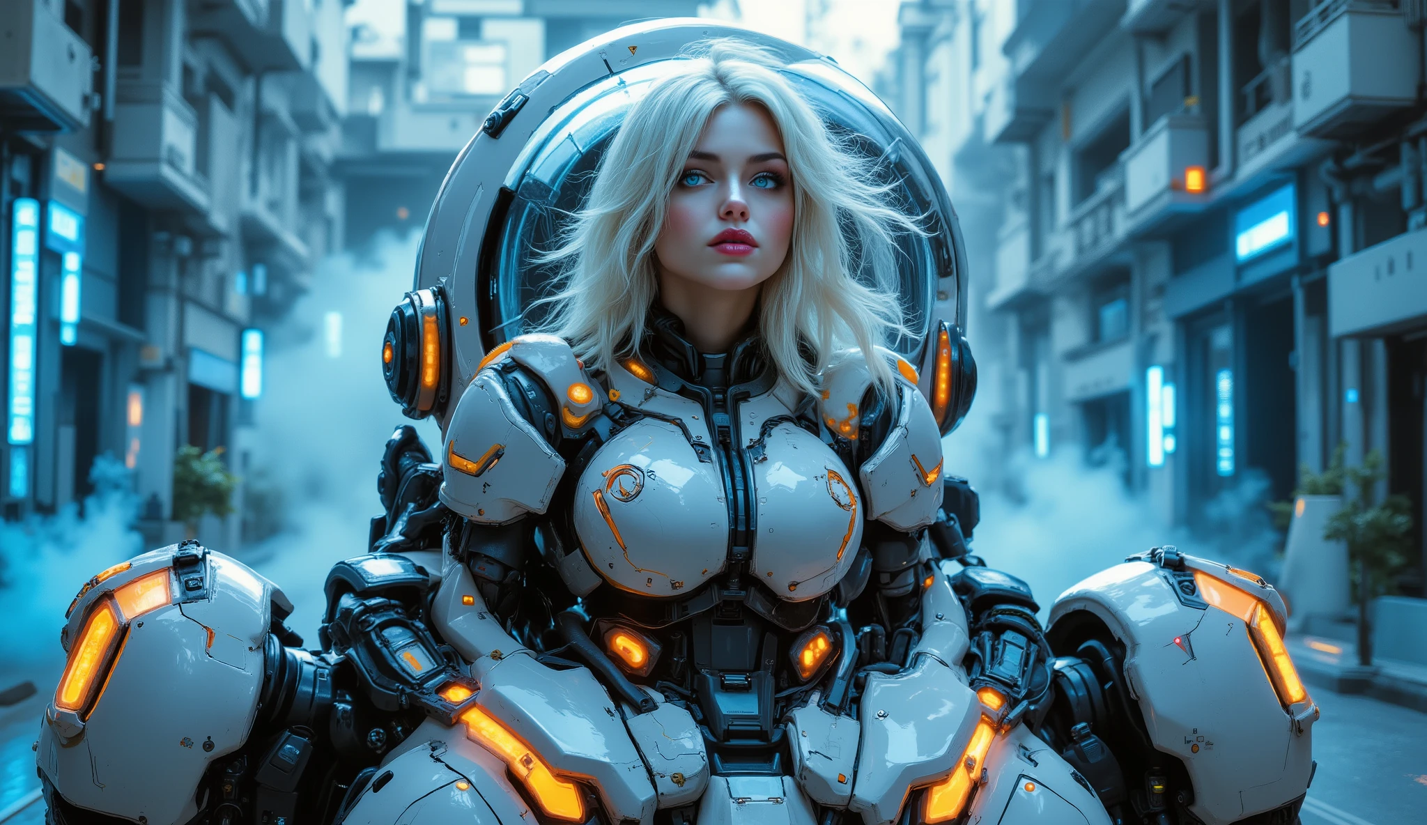 _**Style:** Photographic, hyper-realistic, real details, cinematic.
A woman inspired by the comic book character Tank Girl, driving a massive mecha-armored robot suit. She sits on the mecha's chest.
_**Main subject:** A beautiful, full-body Scandinavian woman, 22 years old, (((full body: 1.8))). Appearance: White hair, bright blue eyes, with blue bioluminescent devices on her arms and hands.
_**Costume:** The woman wears futuristic white servomechanical armor with elegant curved lines and bright orange accents, molded to the female body. (((She wears Kevlar-shelled boots with pneumatic adjustments, yellow lights monitor gravitational force))). Various devices illuminate the armor in bioluminescent orange. A hyper-realistic portrait of a graphic woman equipped with the latest gadgets and technological equipment, always looking to the future, a little crazy and old-fashioned, but also very elegant.
_**Position:** Sitting on top of the large mecha robot, (((She wears a clear glass helmet on her head.))) Her 1950s hairstyle is perfectly styled inside the helmet. _**HISTORY:** A technological city, from the 2500s, with organic architecture buildings, white buildings with blue glass, blue gardens, sensor-controlled roads and blue neon sidelights.