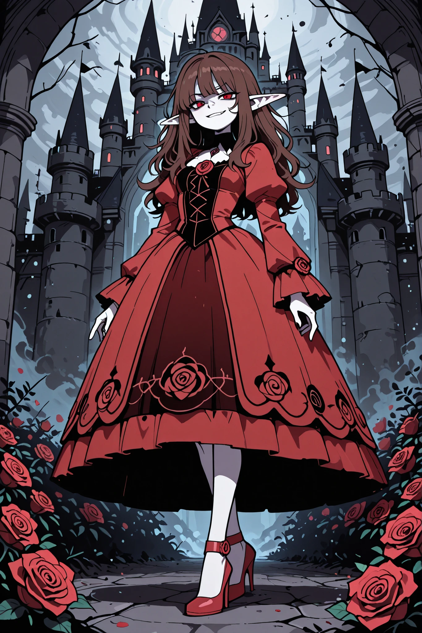 masterpiece , best quality , amazing quality , very aesthetic, woman, white skin, pale skin, tall, rounded elf ear, red eyes, drooping eyes, cold look, white pupil, long messy hair, brown hair, bangs, sharp canines, smirk, red gothic dress, heels, background magical castle, roses