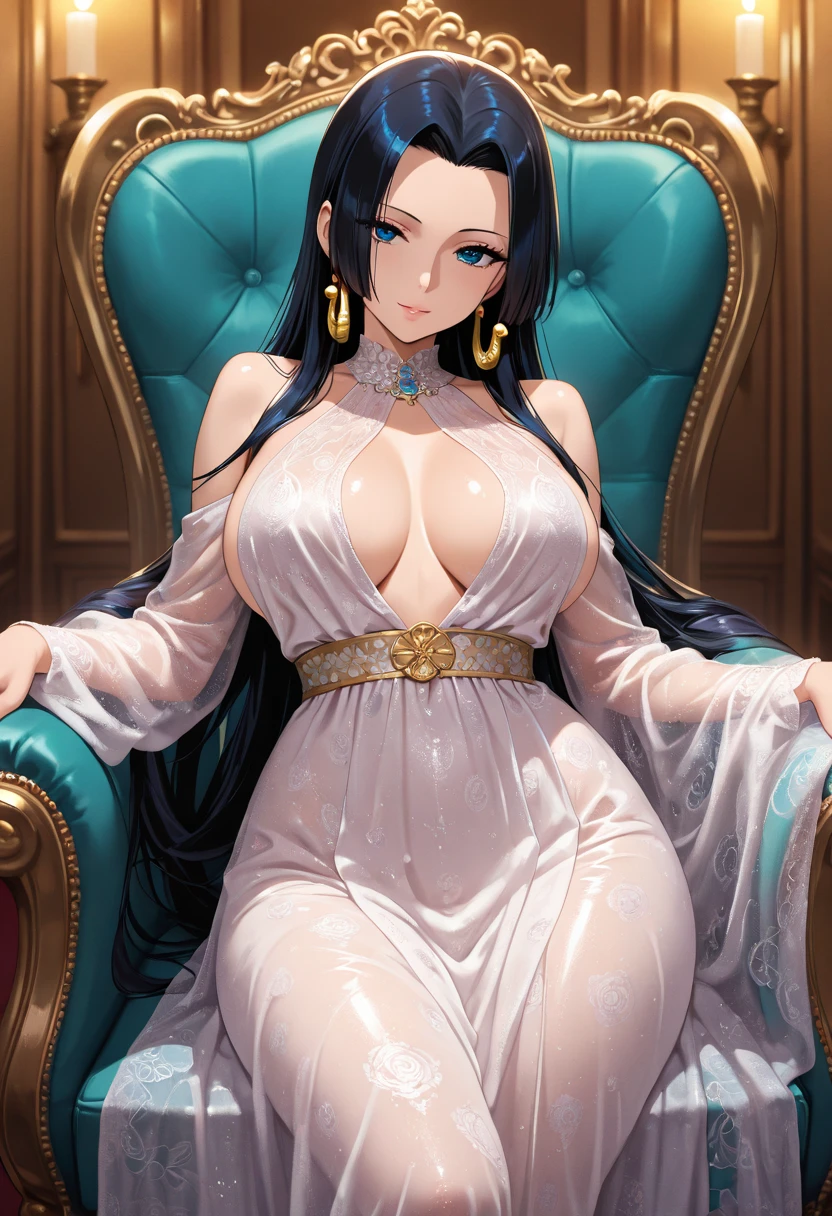 ultra realistic 8k game CG, masterpiece, sunlight, high quality, pale skin, lagre breasts, cleavage, symmetry, milf, arms behind head, absurdly long black hair, blue eyes, fantasy, divine goddess, royal palace,looking at viewer, portrait,from side,rich, prestige, golden jewelry, gem, glint, cinematic lighting, cinematic bloom, soft lights,parted lips,highleg dress,garters(masterpiece:1.4),(best quality:1.4),(shiny skin)