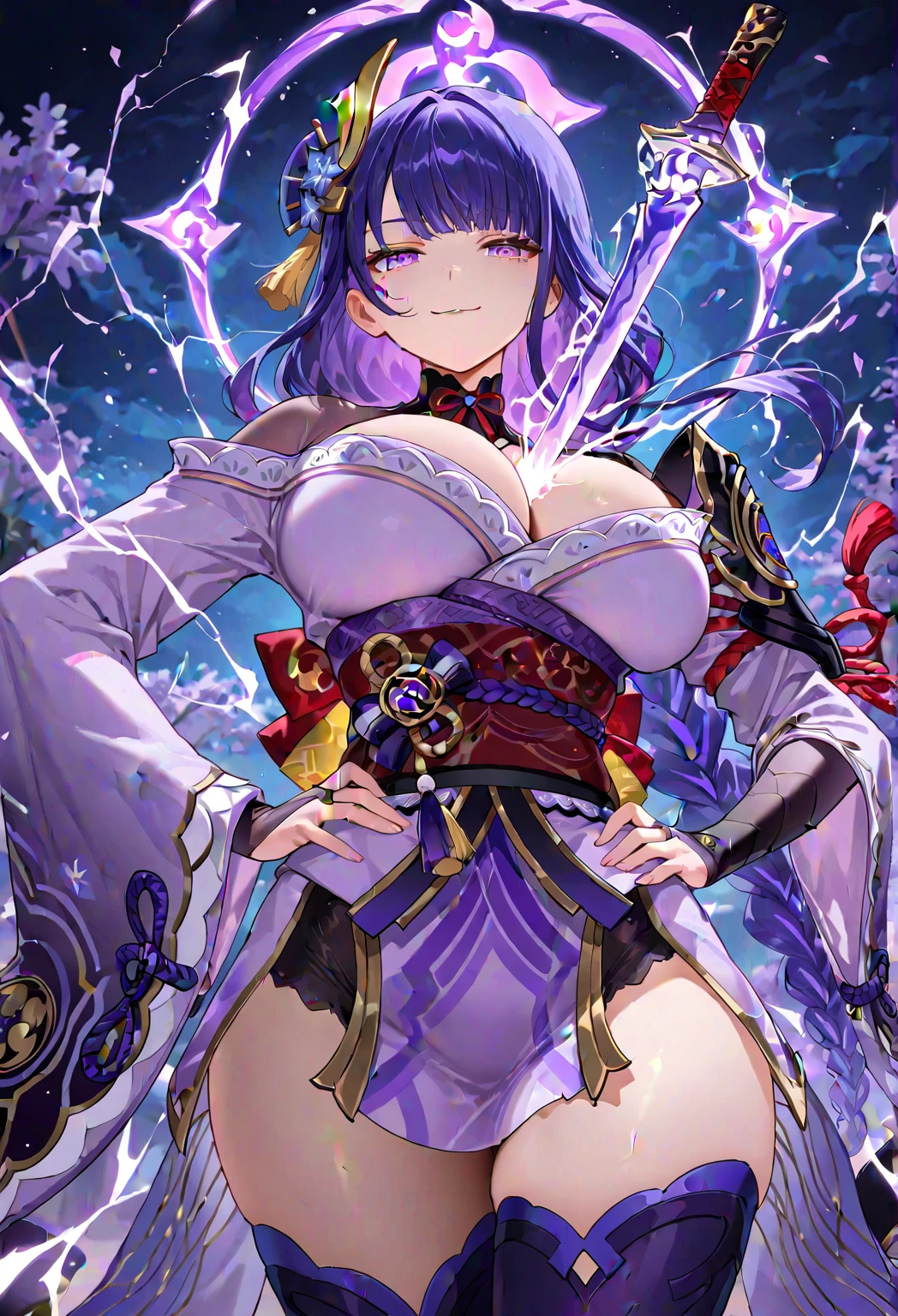 masterpiece), best quality, expressive eyes, perfect face,1girl,raiden shogun,genshin impact,japanese garden,lightning in the air,(purple magic wand),holding,holding wand,shy smile,blush,cowboy shot,glowing eyes,big breasts,cleavage,bare shoulder,(magical girl:1.6),(harem outfit),navel,pelvic curtain,detached sleeves,thighhigh stockings,studio lighting,(sparkle:0.9),(glitter:0.9),alternative costume