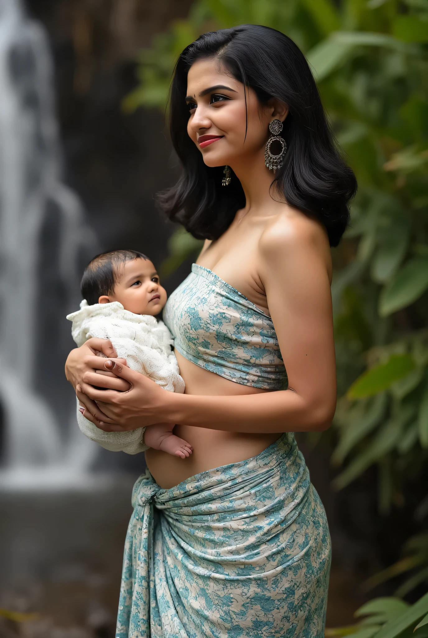 Indian fashion model Kajal Agarwal posed erotic in a lush with his cute little new born baby with waterfall setting, her sexy plus size, voluptuous figure accentuated in a delicate, wearing a sexy revealing strapless tube blouse and bottom dhoti exposing her cleavage and curvy navel that highlights her curvy voluptuous silhouette with big . The mist from the cascading water creates an ethereal atmosphere, gently framing her fair skin, glistening with water droplets. Her hair, slick and wet, cascades down her shoulders, while striking red lipstick adds a vibrant contrast to her cute, finely detailed face. The scene embodies a harmonious blend of kamasutra, nature and fashion, capturing the essence of beauty amidst the serene flow of the waterfall, creating a visually captivating