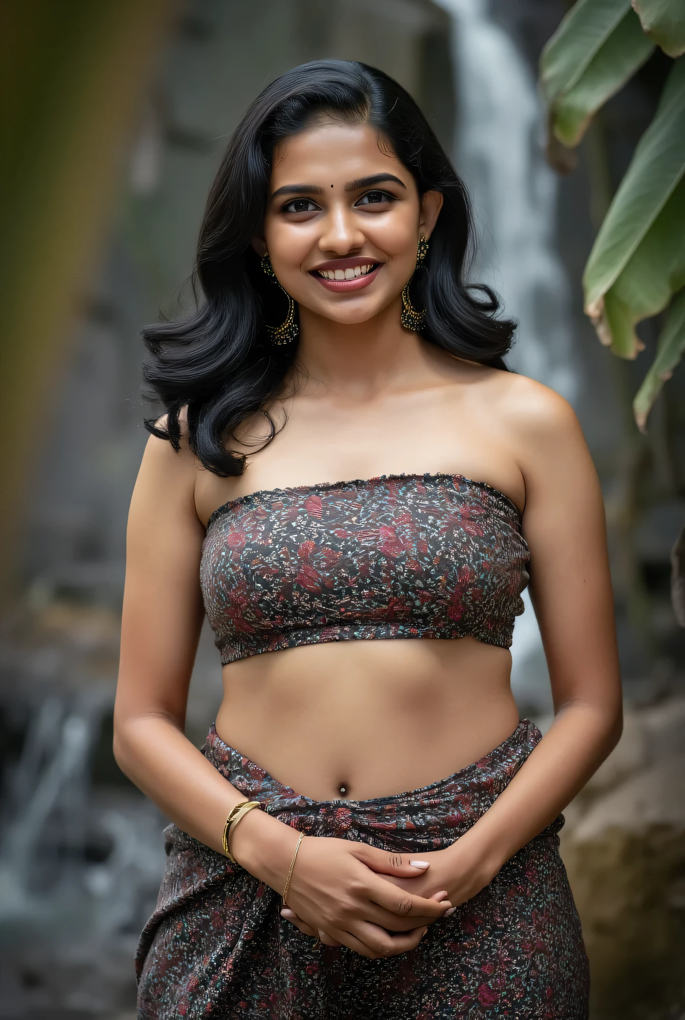 Indian fashion model Kajal Agarwal posed erotic in a lush with his cute little new born baby with waterfall setting, her sexy plus size, voluptuous figure accentuated in a delicate, wearing a sexy revealing strapless tube blouse and bottom dhoti exposing her cleavage and curvy navel that highlights her curvy voluptuous silhouette with big . The mist from the cascading water creates an ethereal atmosphere, gently framing her fair skin, glistening with water droplets. Her hair, slick and wet, cascades down her shoulders, while striking red lipstick adds a vibrant contrast to her cute, finely detailed face. The scene embodies a harmonious blend of kamasutra, nature and fashion, capturing the essence of beauty amidst the serene flow of the waterfall, creating a visually captivating