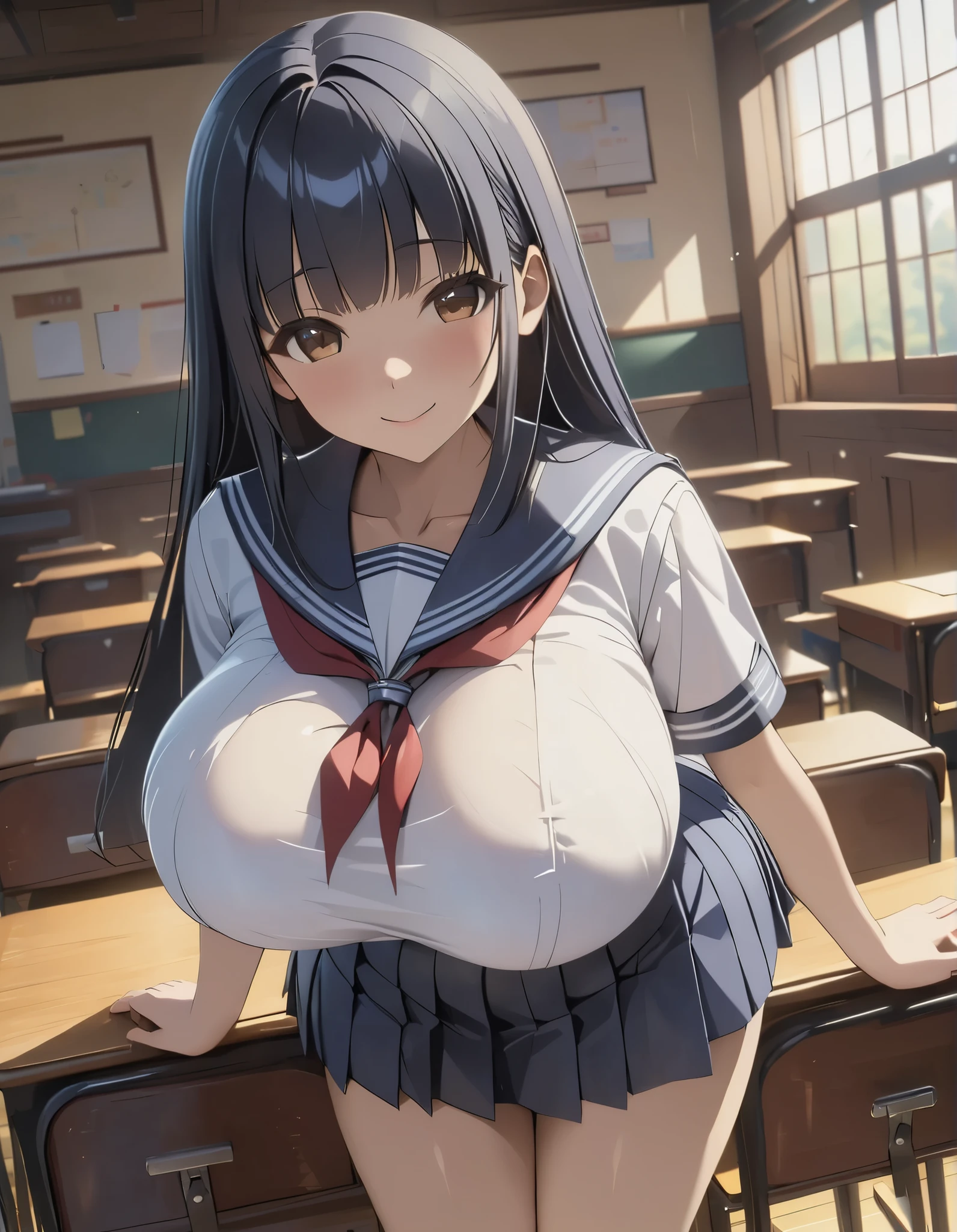 (masterpiece, Hi-Res, Very High Resolution, 8k, super detailed, Highest Quality, absurd:1.2), Japanese woman, high school girl hugging her teacher, solo, ( long dark blue hair, Boring bangs), beautiful character design, perfect face, Beautiful eyes with attention to detail, brown eyes, (Smile Yan), (school uniform, sailor skirt), {saggy huge breasts}, Beautifully shaped breasts, thin waist, is standing, dynamic angle, in an empty classroom