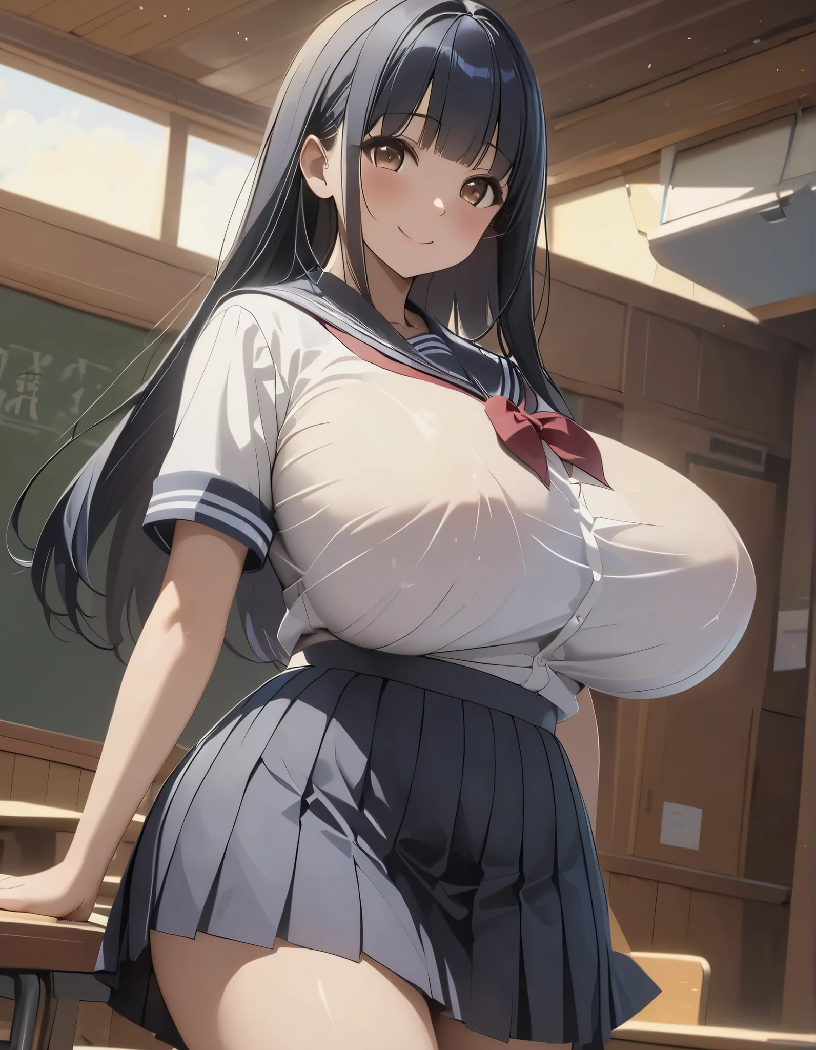 (masterpiece, Hi-Res, Very High Resolution, 8k, super detailed, Highest Quality, absurd:1.2), Japanese woman, high school girl hugging her teacher, solo, ( long dark blue hair, Boring bangs), beautiful character design, perfect face, Beautiful eyes with attention to detail, brown eyes, (Smile Yan), (school uniform, sailor skirt), {saggy huge breasts}, Beautifully shaped breasts, thin waist, is standing, dynamic angle, in an empty classroom