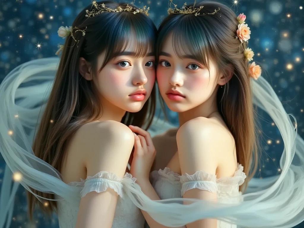 A girl, pretty hair, ((volume hair)), beautiful eyes, flower hair ornaments, (aesthetic simple background), ((modern vintage dress)), (upper body)  
(()),(perfect face), (perfect hand)