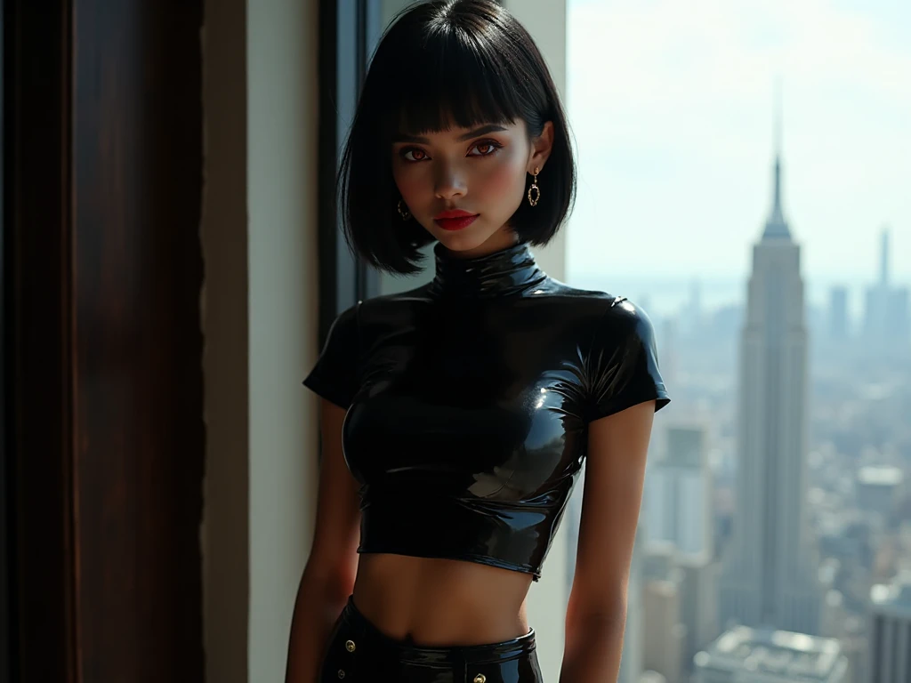 A medium shot captures a young woman with a slender yet muscular physique, her dark hair cut into a sleek bob, parted on the side with a few strands framing her face. She has deep red, cat-like eyes that are sharply defined by a thin line of eyeliner, and subtle rose-colored eyeshadow. Her lips are full and painted with a glossy red lipstick, slightly parted to reveal a hint of teeth. Her skin has a warm, medium brown tone. She is adorned with small, golden hoop earrings.

She is dressed in a shiny, form-fitting black latex ensemble. Her short-sleeved top features a high, mock neck collar and a cropped hem that exposes her midriff, revealing her toned abdomen and navel. The top has visible seams that highlight the contours of her bust and arms. Her high-waisted shorts are also made of black latex, featuring what appears to be a button closure on the front.

She is positioned indoors, standing near a window on what seems to be a high floor of a building. To her left, a dark wooden window frame is partially visible, while to her right, a blurred cityscape with towering buildings under a bright sky serves as the background. Natural light illuminates her from the front, creating highlights on the reflective latex fabric of her clothing, particularly on her shoulders, bust, and thighs. The overall impression is one of a stylized, almost artistic depiction, with a focus on her striking features and attire.