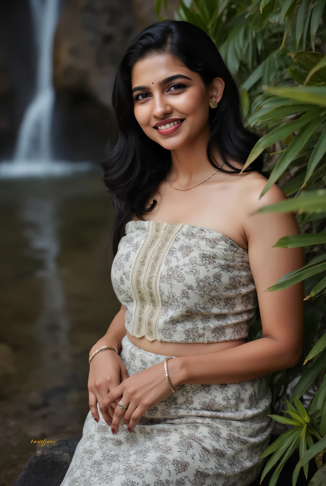 Indian fashion model Kajal Agarwal posed erotic in a lush with his cute little new born baby with waterfall setting, her sexy plus size, voluptuous figure accentuated in a delicate, wearing a sexy revealing strapless tube blouse and bottom dhoti exposing her cleavage and curvy navel that highlights her curvy voluptuous silhouette with big . The mist from the cascading water creates an ethereal atmosphere, gently framing her fair skin, glistening with water droplets. Her hair, slick and wet, cascades down her shoulders, while striking red lipstick adds a vibrant contrast to her cute, finely detailed face. The scene embodies a harmonious blend of kamasutra, nature and fashion, capturing the essence of beauty amidst the serene flow of the waterfall, creating a visually captivating